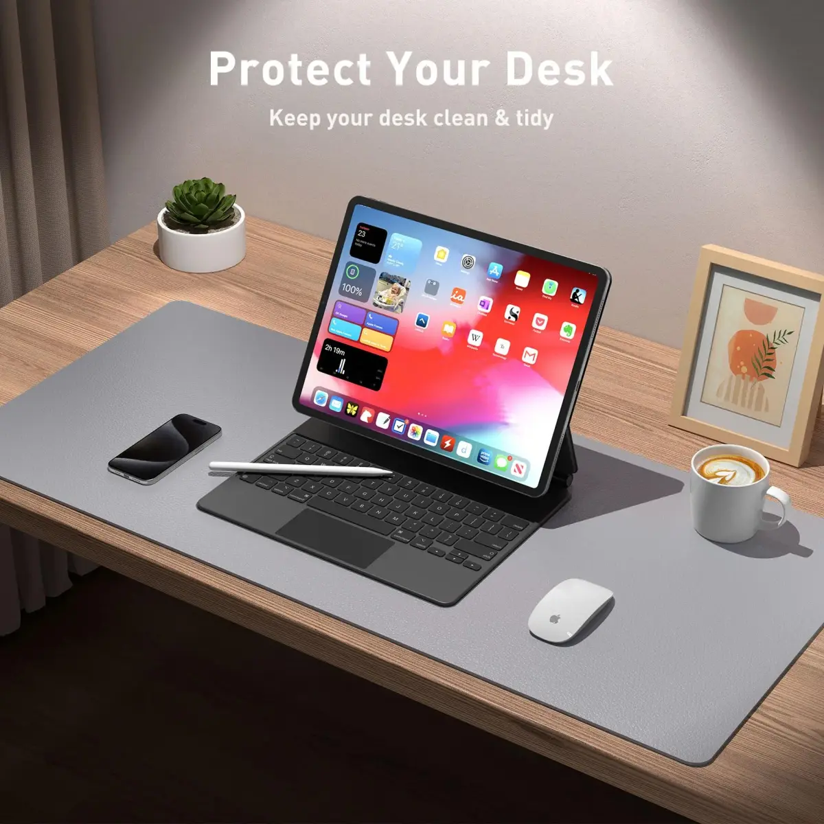 Aothia Light Grey PU Leather Desk Pad Protector, 36" x 17" | Protects Desks from Scratches and Spills - view 3
