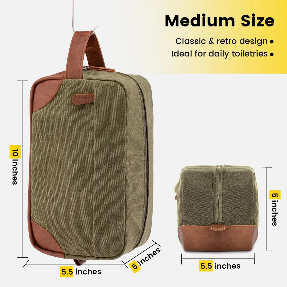 Vorspack Canvas Travel Toiletry Bag for Men, Medium, Green 25.4cm x 12.7cm x 13.97cm (10" x 5" x 5.5") | Water-Resistant Hanging Organizer - view 2
