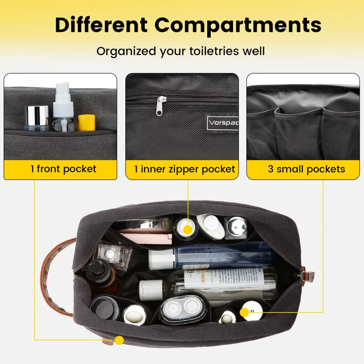 Vorspack Canvas Travel Toiletry Bag for Men, Medium, Dark Grey | Hanging Organizer with Water-Resistant Lining - view 4