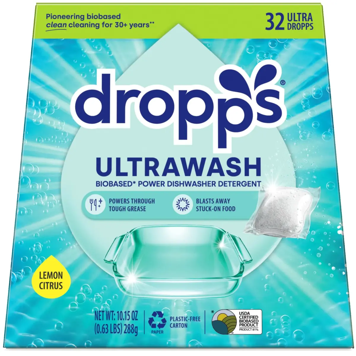 Dropps UltraWash Dishwasher Detergent Pods Lemon Citrus 32 Ct | USDA Certified Biobased 81% Formula - main product image
