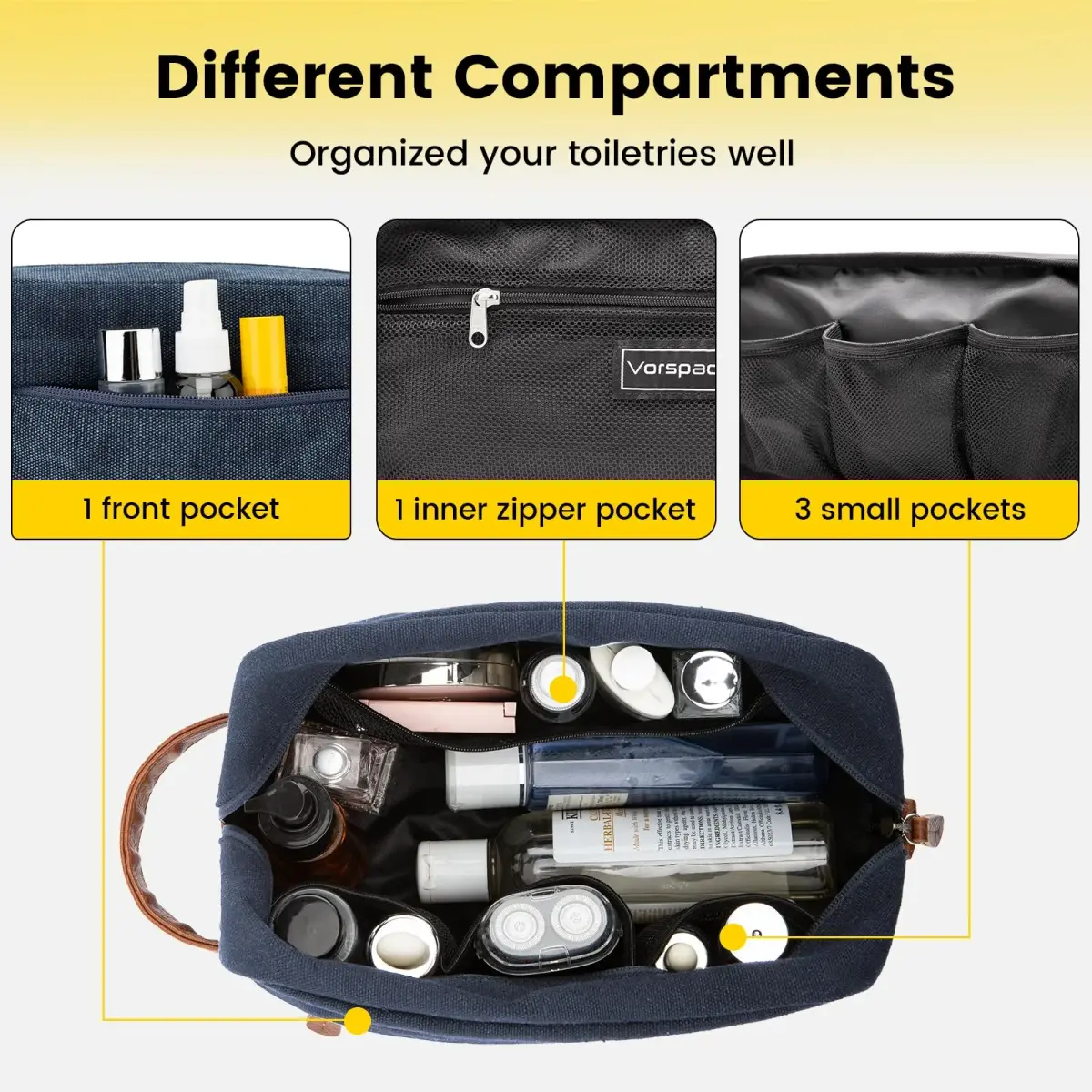 Vorspack Canvas Travel Toiletry Bag for Men, Medium, Navy Blue | Water-Resistant & Organized Compartments - view 4