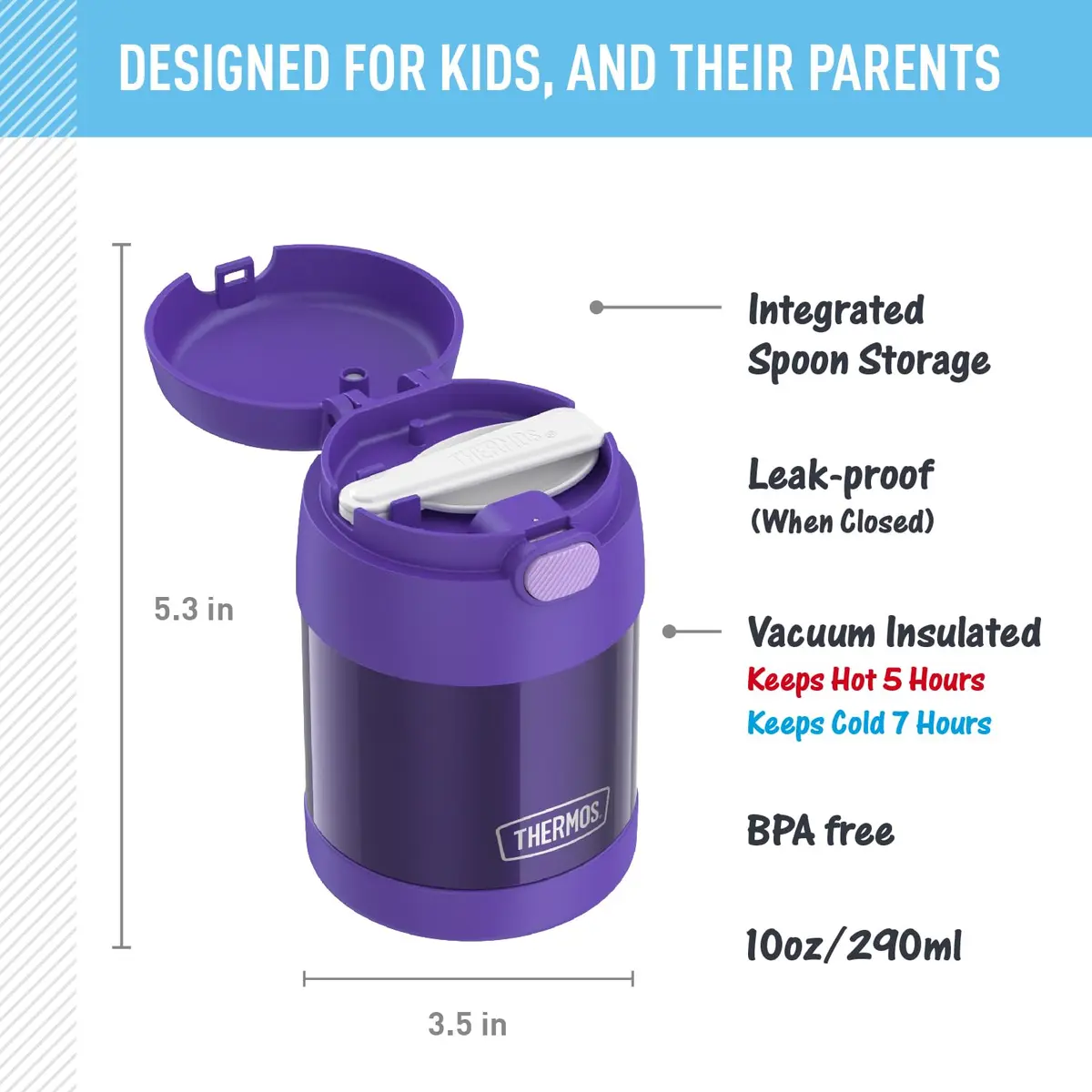 THERMOS Kids Food Jar with Spoon, 10oz (296ml), Purple | Keeps Food Hot or Cold for Hours, BPA-Free, Lightweight - view 2