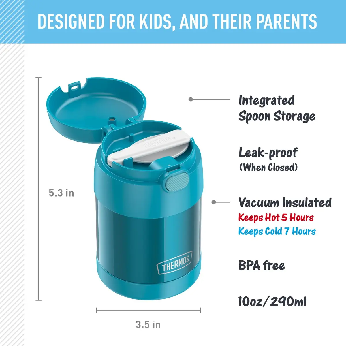 THERMOS Kids Food Jar with Spoon 10oz Teal | Keeps Food Hot or Cold for School & Play - view 2