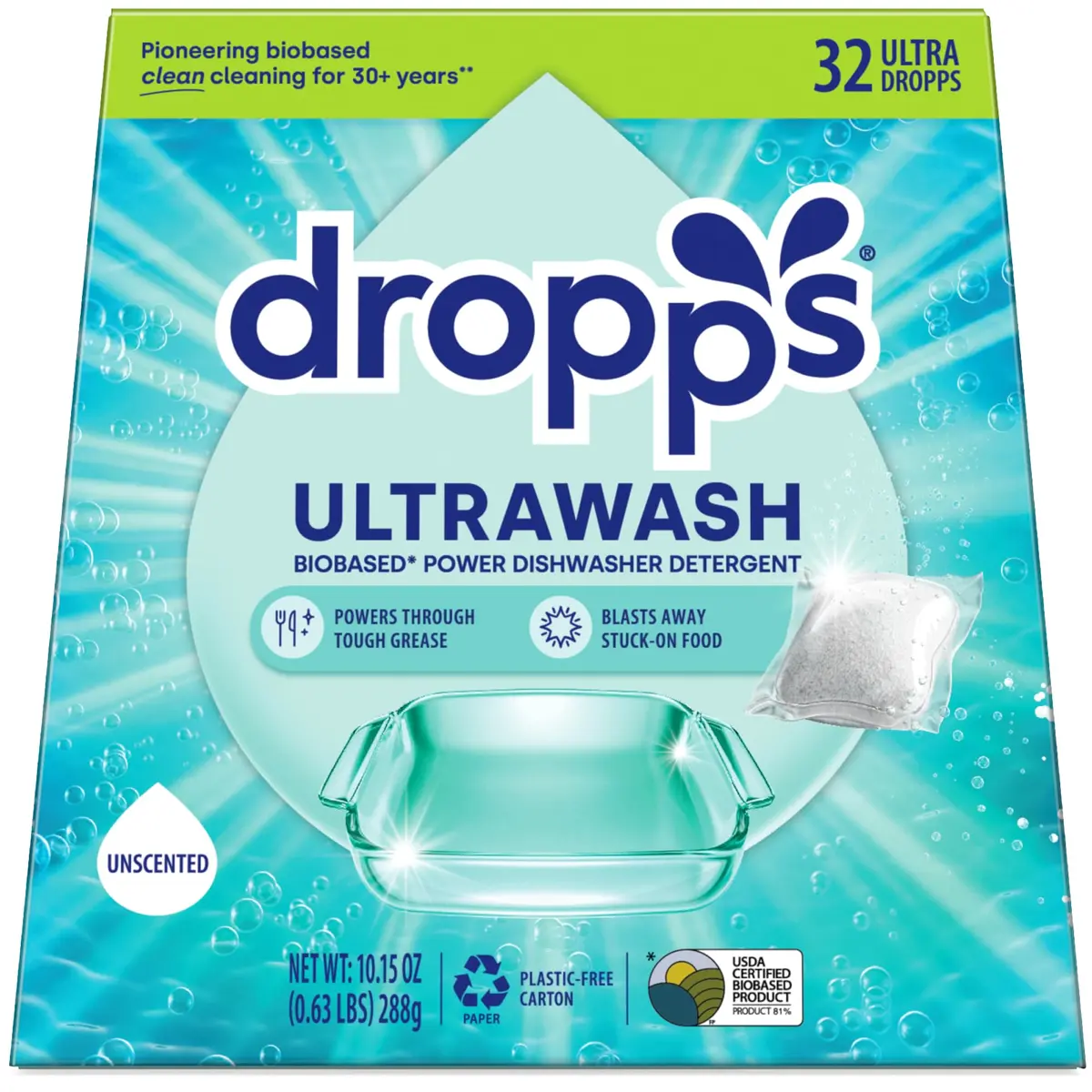 Dropps UltraWash Dishwasher Detergent Pods Unscented 32 Count (142g / 5.08oz) | USDA Biobased Formula (81%) - main product image