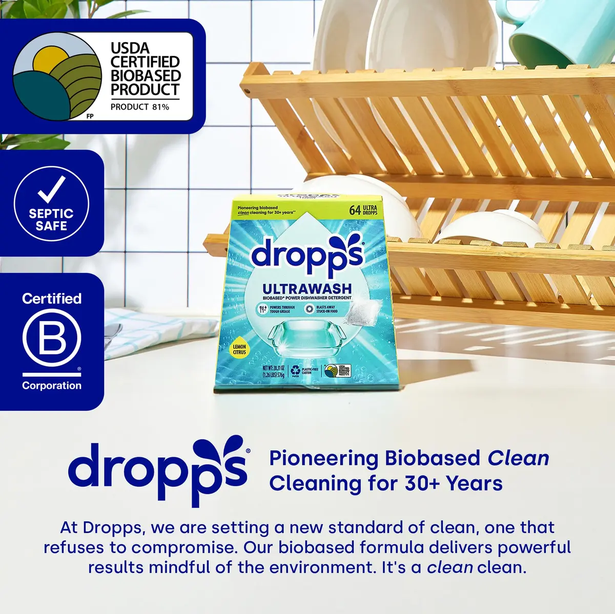 Dropps UltraWash Dishwasher Detergent Pods Unscented 32 Count (142g / 5.08oz) | USDA Biobased Formula (81%) - view 6