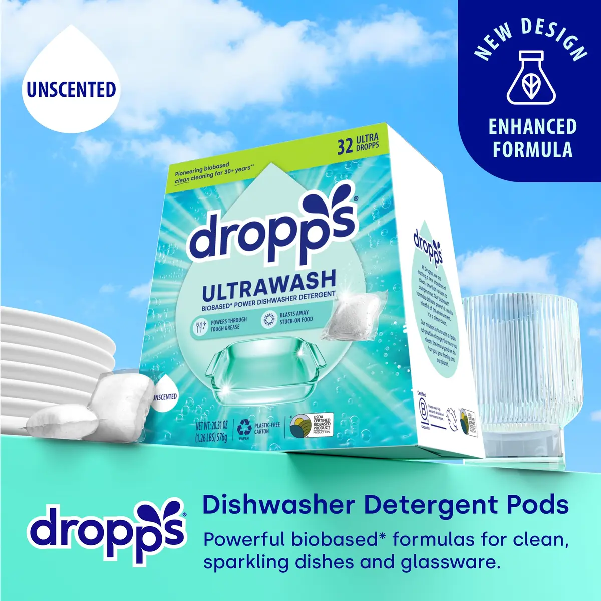 Dropps UltraWash Dishwasher Detergent Pods Unscented 32 Count (142g / 5.08oz) | USDA Biobased Formula (81%) - view 2