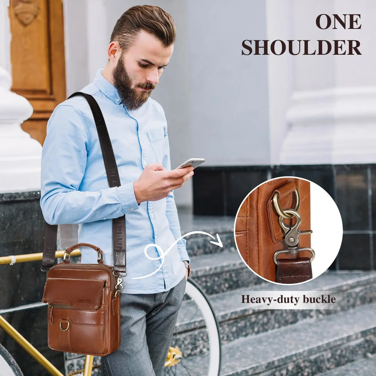 BAIGIO Men's Genuine Leather Shoulder Bag with Adjustable Strap | Brown - view 6