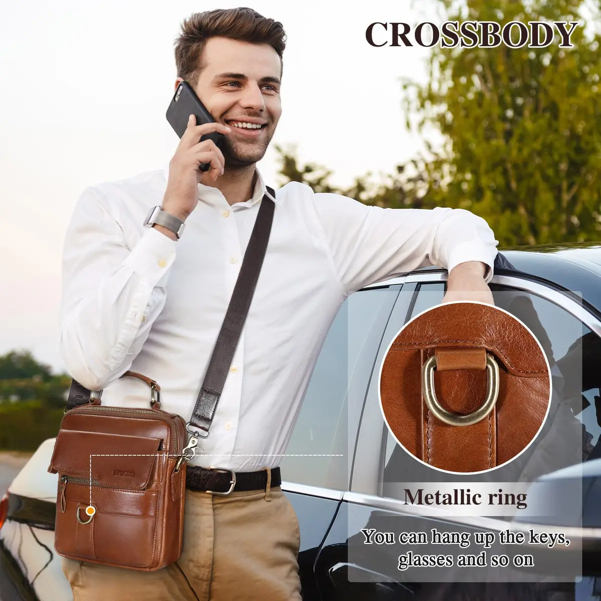 BAIGIO Men's Genuine Leather Shoulder Bag with Adjustable Strap | Brown - view 7