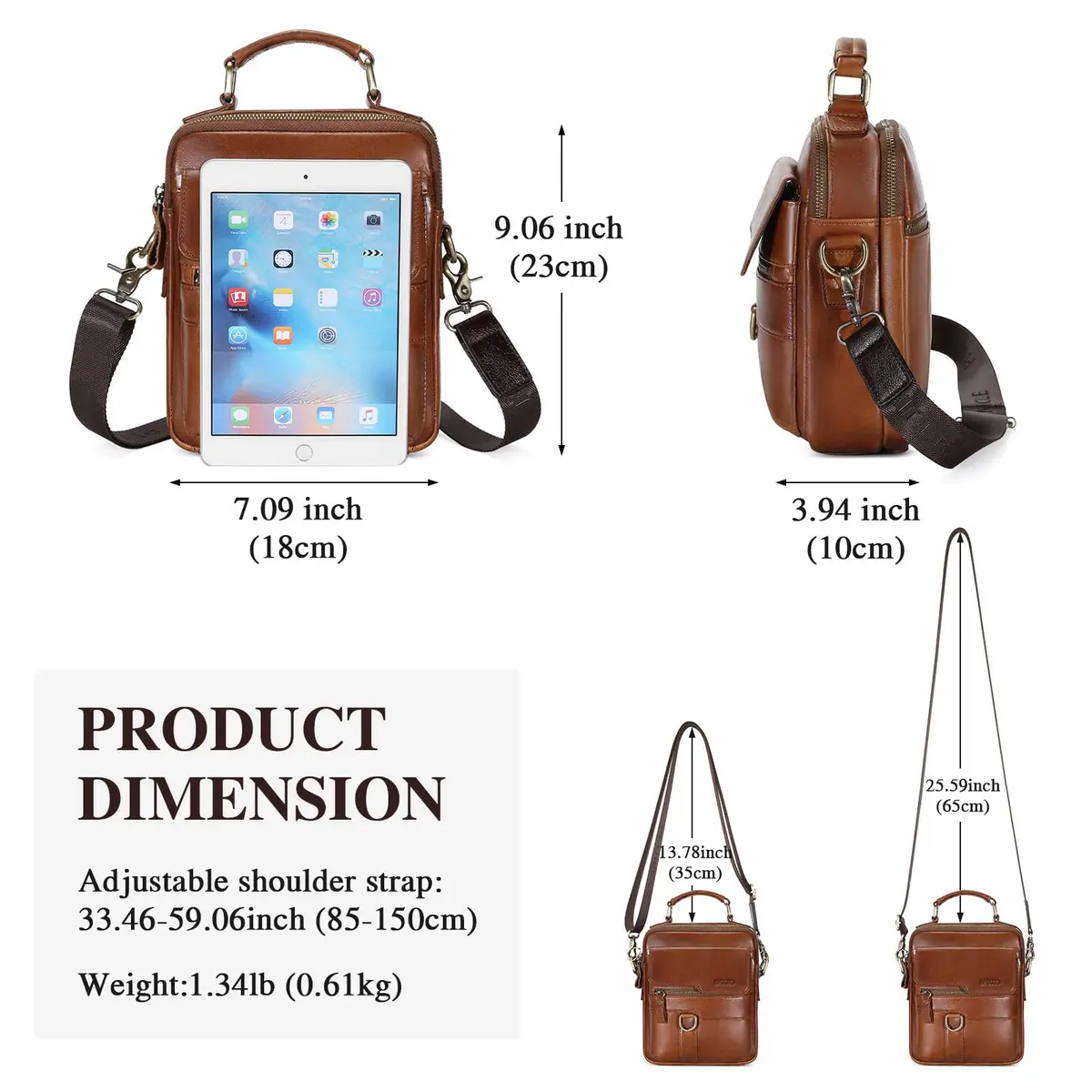 BAIGIO Men's Genuine Leather Shoulder Bag with Adjustable Strap | Brown - view 2