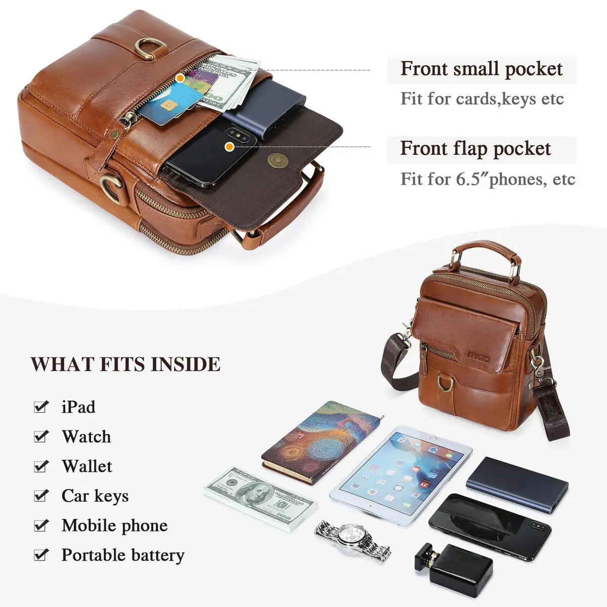 BAIGIO Men's Genuine Leather Shoulder Bag with Adjustable Strap | Brown - view 4