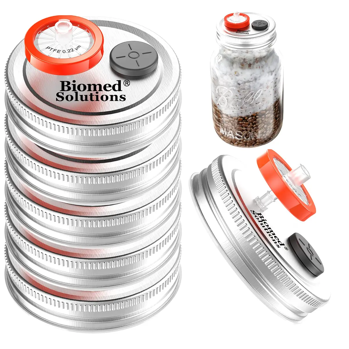 Biomed Solutions 6Pcs Regular Mouth Mushroom Liquid Culture Lids with Filter & Injection Ports (70mm) | Lab-Quality for Mycology - main product image