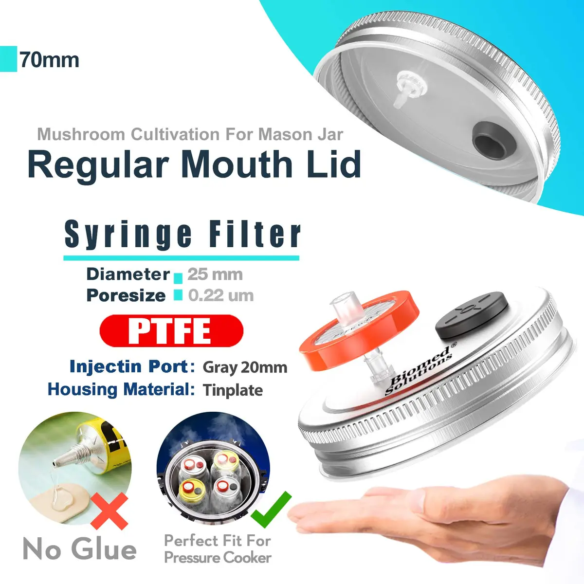 Biomed Solutions 6Pcs Regular Mouth Mushroom Liquid Culture Lids with Filter & Injection Ports (70mm) | Lab-Quality for Mycology - view 2