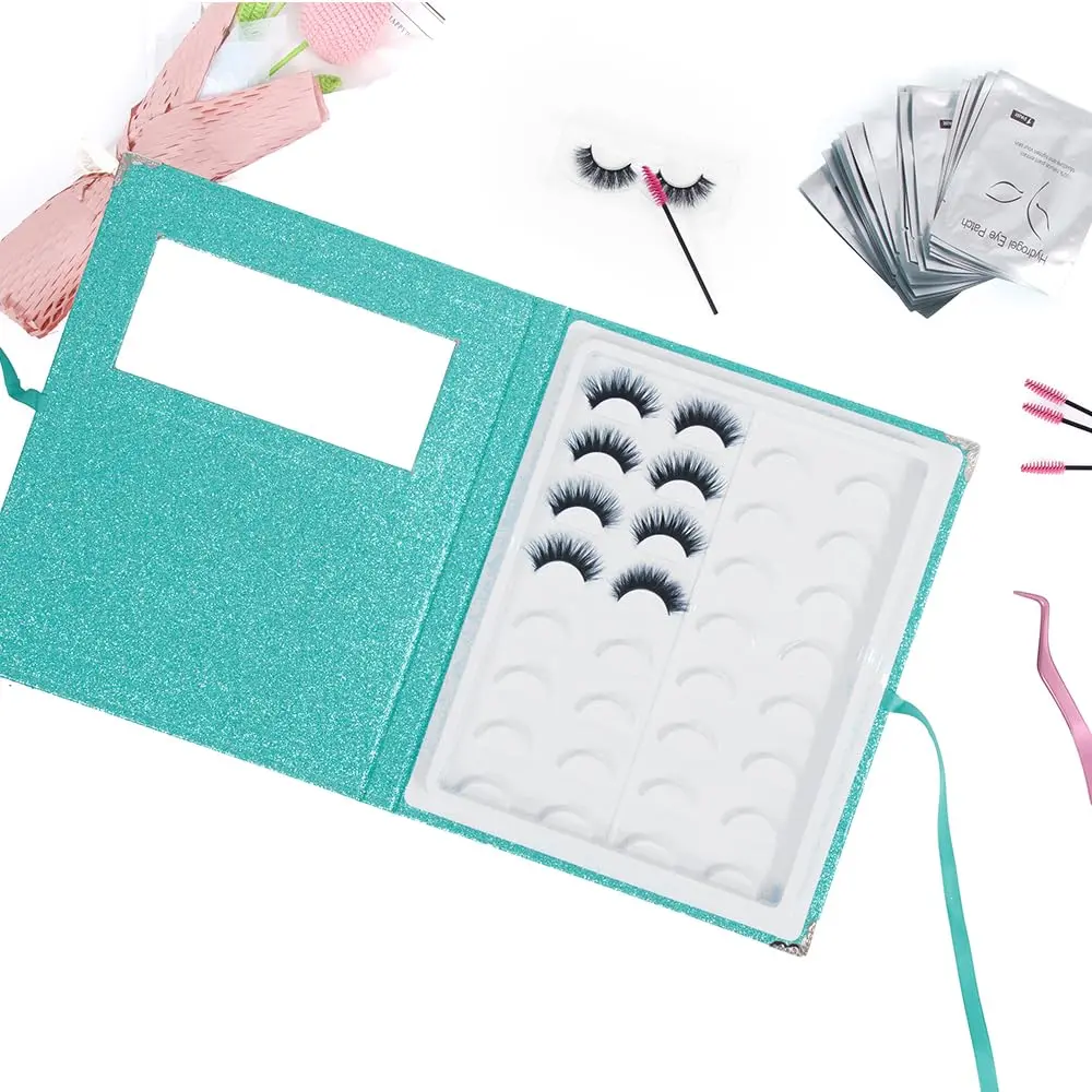 YiQiYi False Eyelash Organizer and Storage Case with Tweezer | Portable Lash Book, Pink/Green/Gold, 27×22×2 cm - view 5