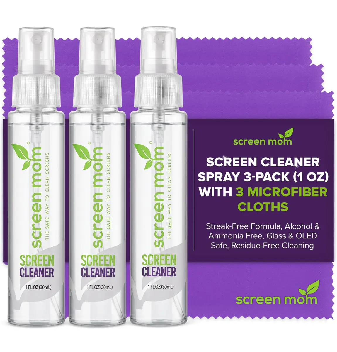 Screen Mom Screen Cleaner Spray 3 Pack-3x1oz for TV, Car, Laptop & Computer | Streak-Free, Alcohol-Free, Microfiber Cloths Included - main product image