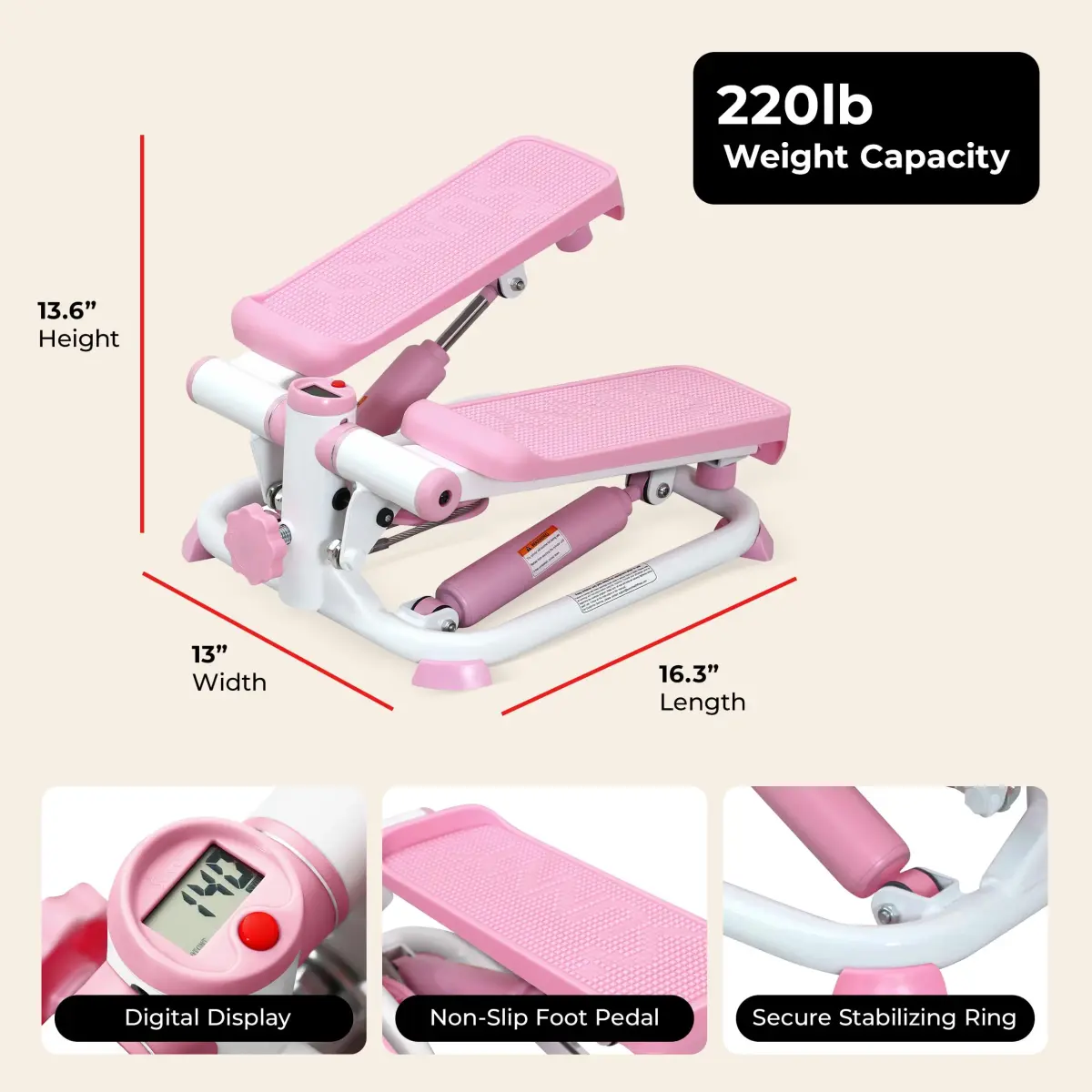 Sunny Health & Fitness Pink Mini Stepper w/Meter & Adjustable Step Height | 10.2 kg (22.5 lb) | Tones Lower Body & Core - view 6
