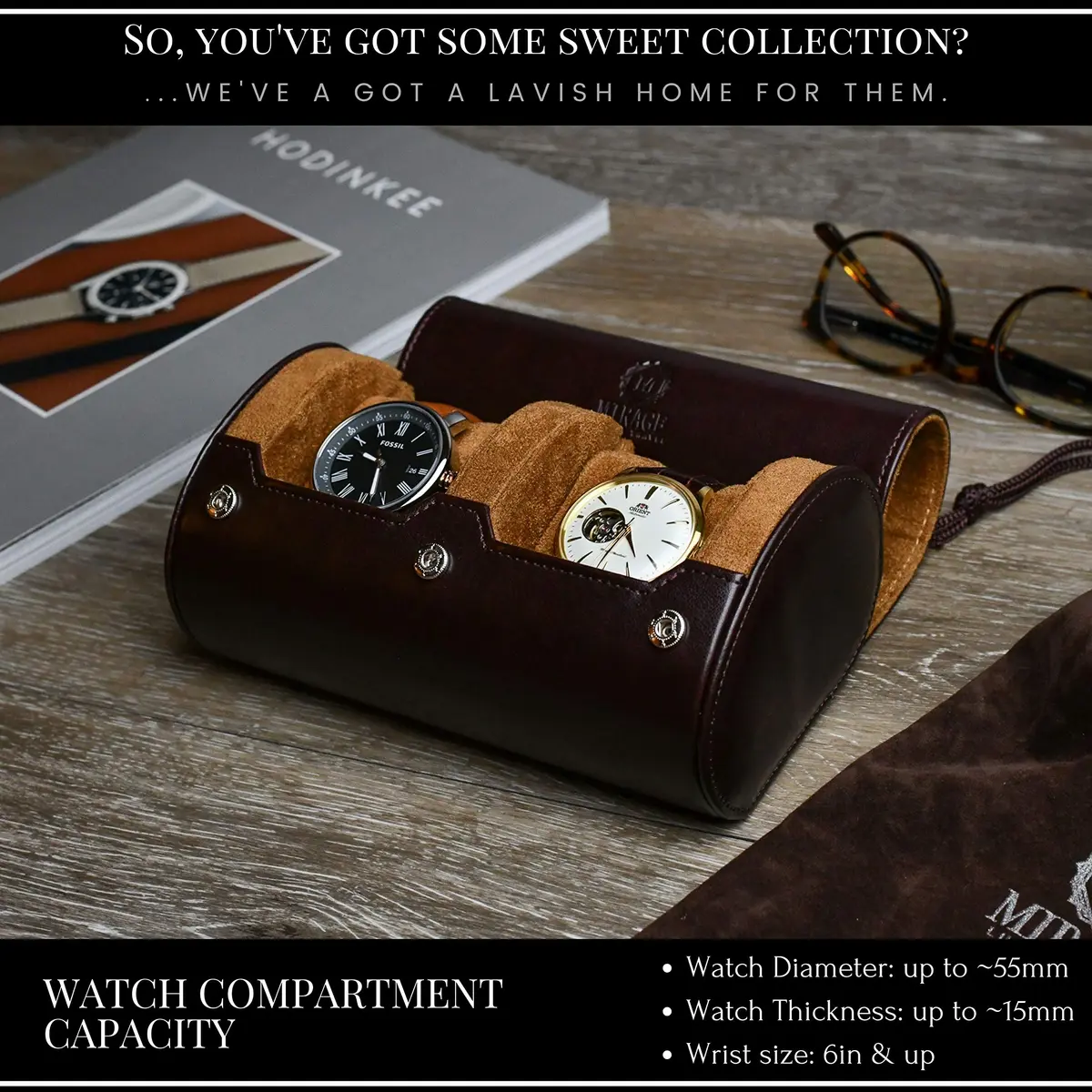 M Mirage Luxury Travel Watch Roll for Travel Organizer and Display Watch Case 2-Slots (Brown) - view 3
