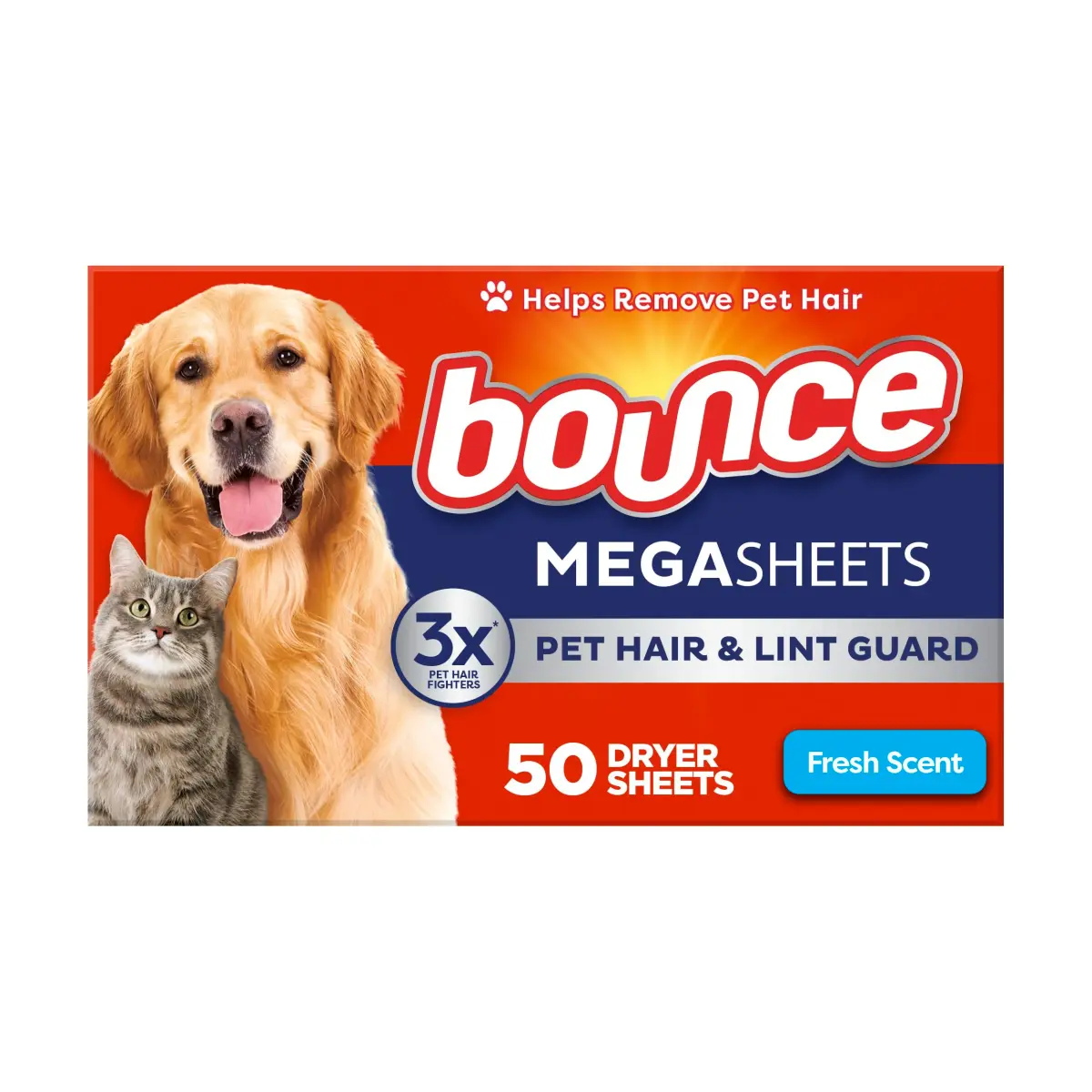 Bounce Pet Hair and Lint Guard Mega Dryer Sheets Fresh Scent 50 Count | Repels Pet Hair 3X More vs. Leading Sheets - main product image