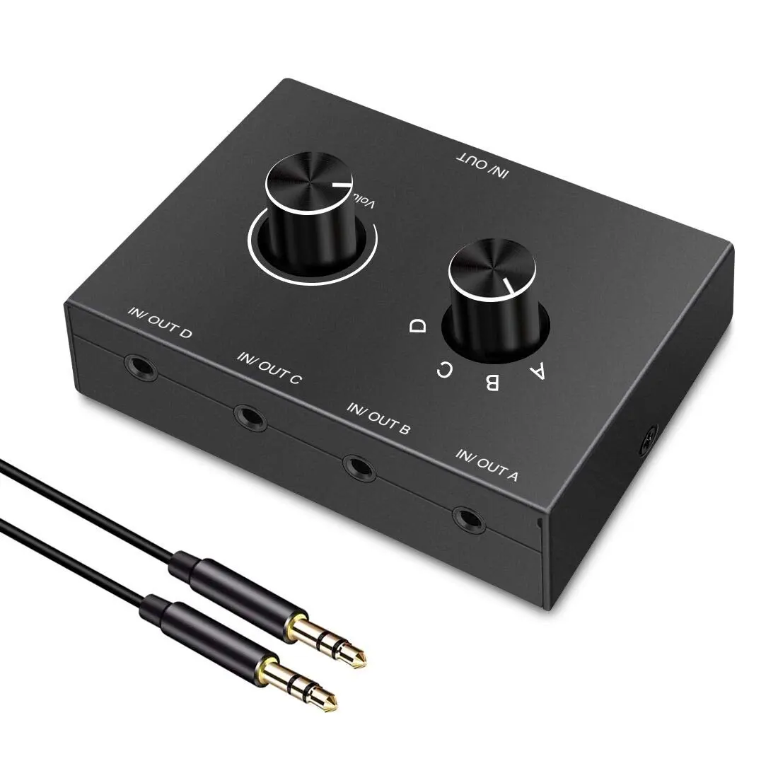 Y.D.F 4-Way 3.5mm Stereo Audio Switcher Box - 4 In 1 Out Manual Selector for Speakers & Headphones (Black) - main product image