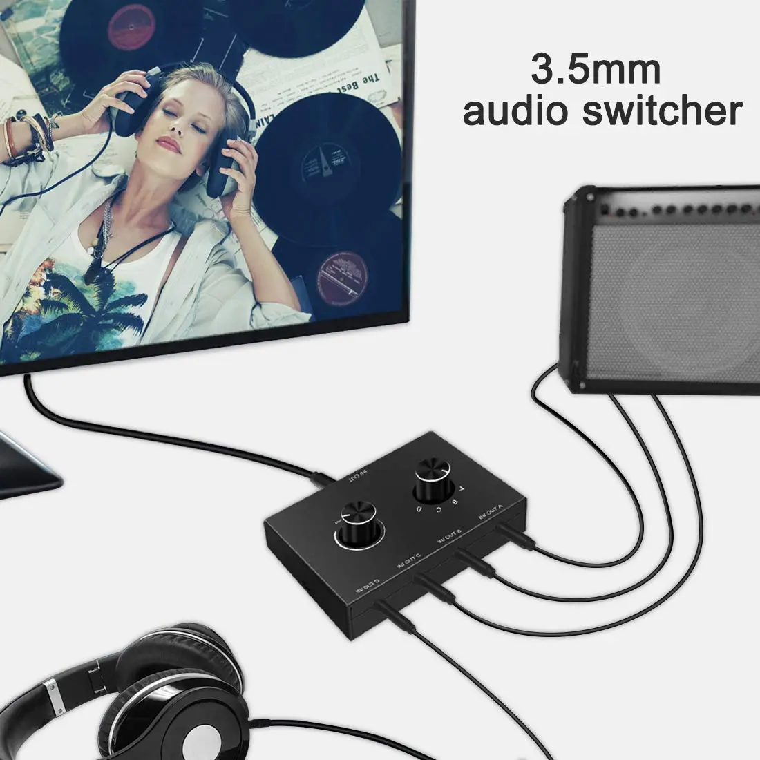 Y.D.F 4-Way 3.5mm Stereo Audio Switcher Box - 4 In 1 Out Manual Selector for Speakers & Headphones (Black) - view 6