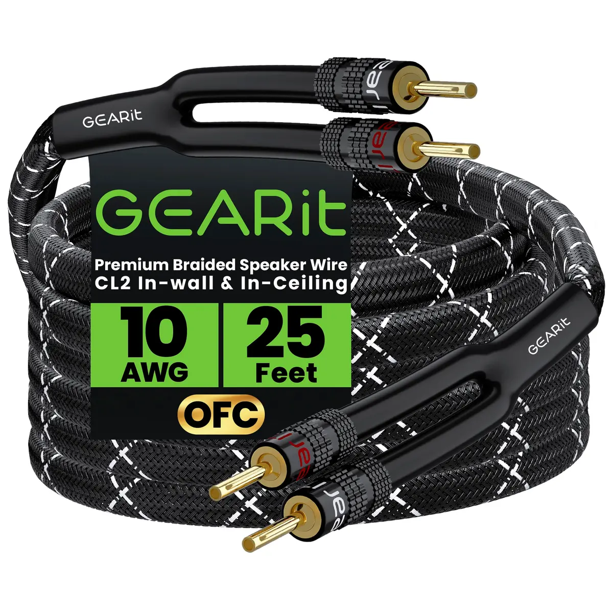 GEARit 10 Gauge Black Speaker Wire Banana Plugs CL2 Rated in-Wall 25 Feet | High Quality Copper, 25ft Length, In-Wall Rated - main product image