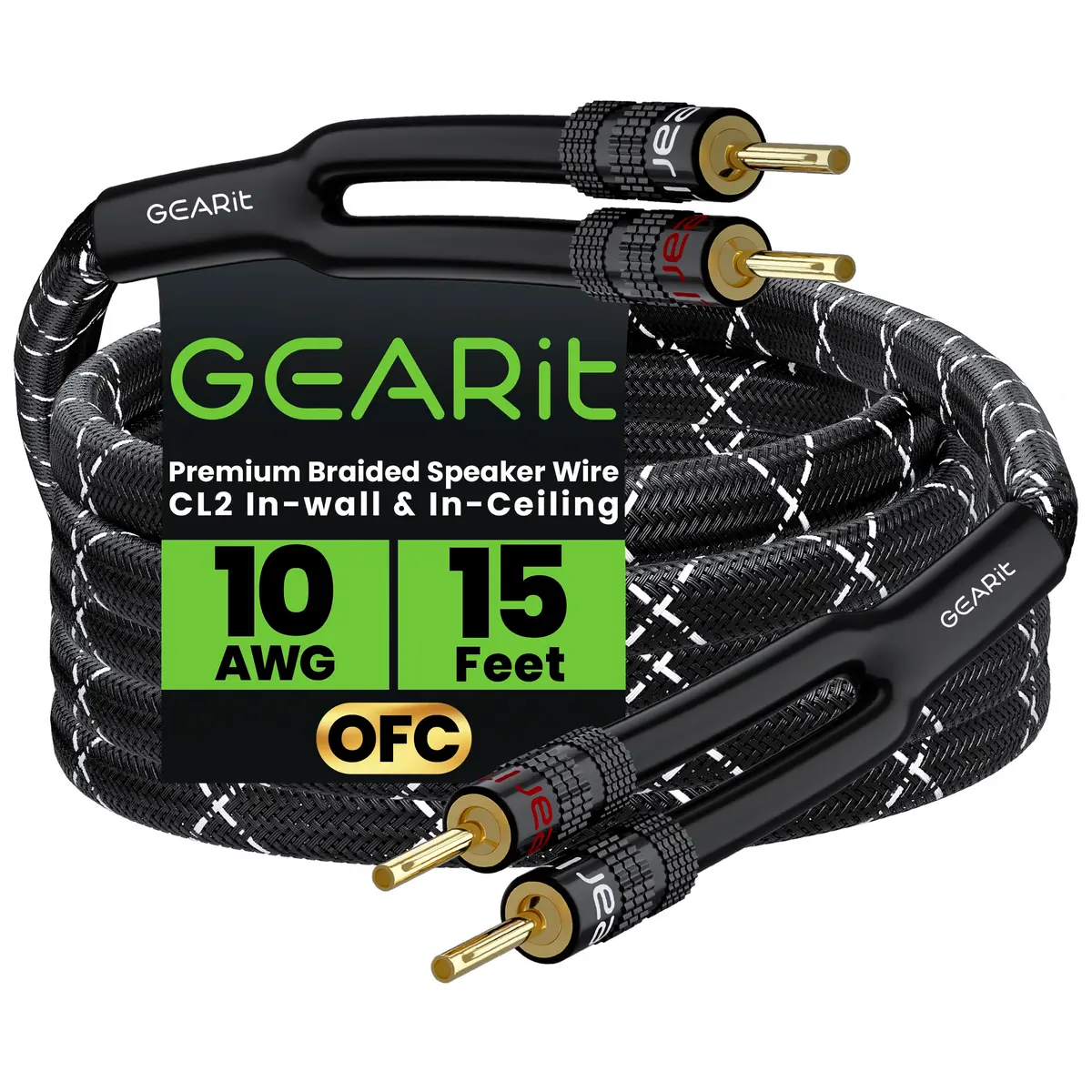 GEARit 10 Gauge Black Speaker Wire Banana Plugs CL2 Rated in-Wall 15 Feet | High Quality Copper, 10AWG, Bi-Wire Compatible - main product image