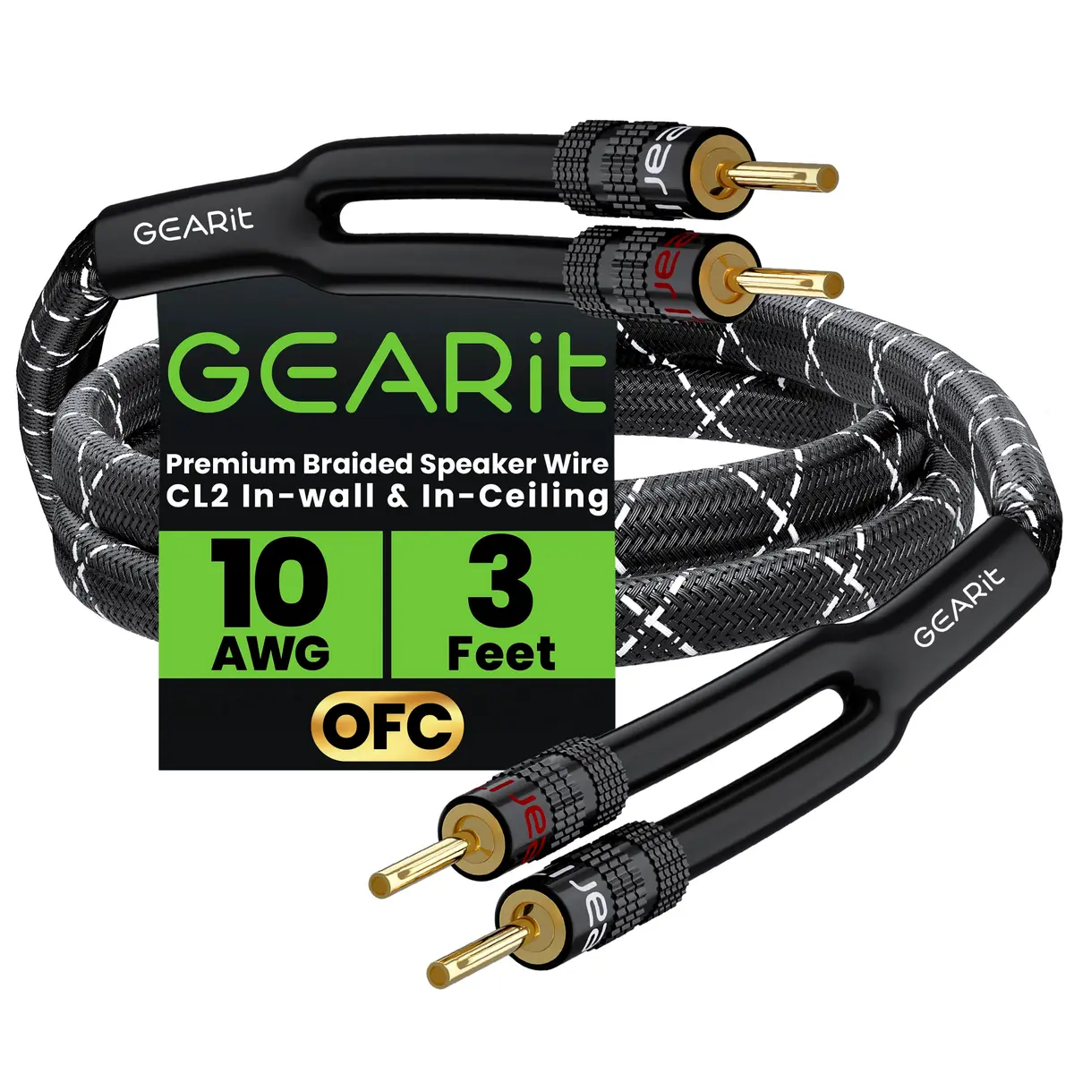 GEARit 10AWG Speaker Cable Wire with Gold-Plated Banana Tips (3 Feet) Heavy Duty Braided Copper - main product image