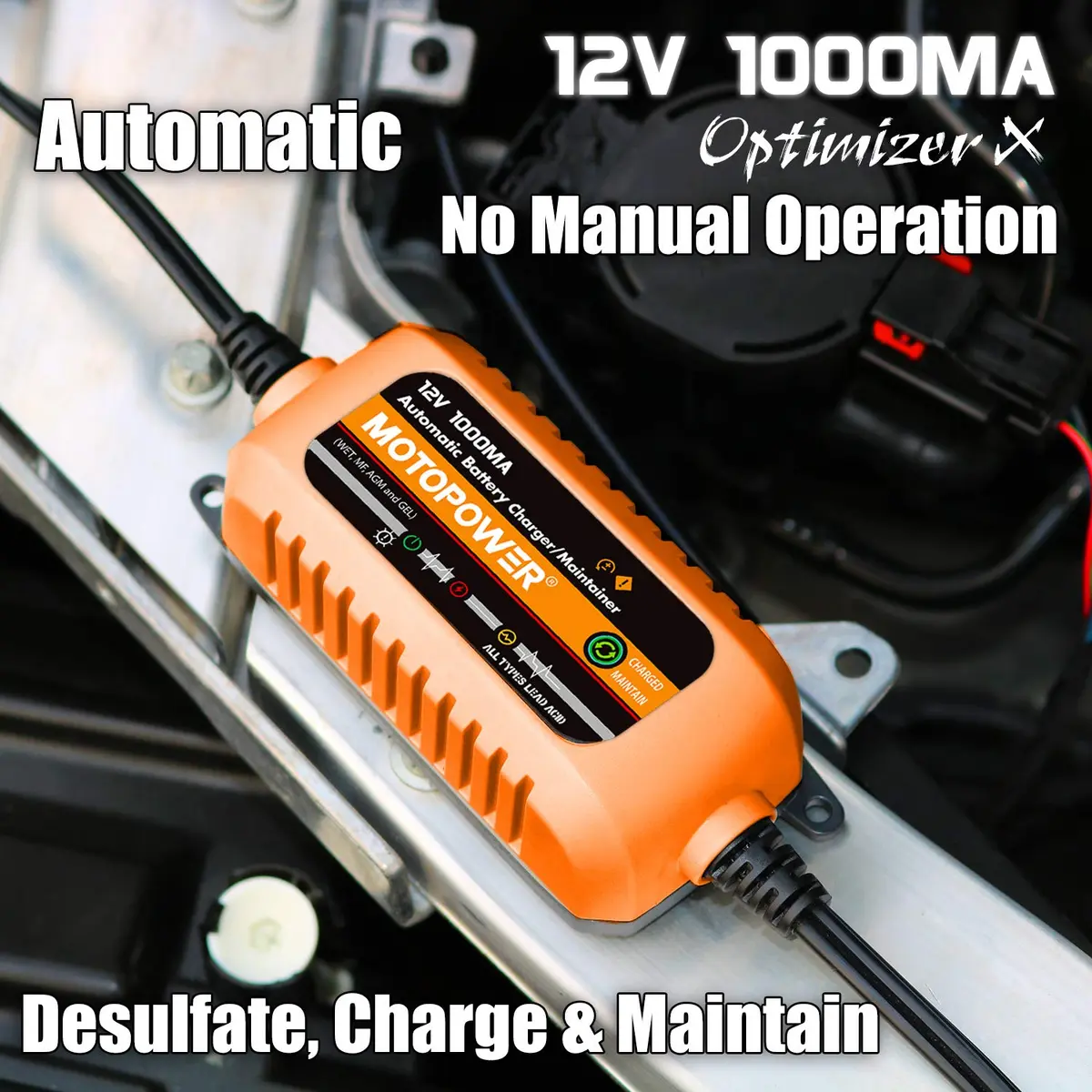 MOTOPOWER 12V 1000mA Automatic Battery Charger & Maintainer | Compact & Durable with Timer Protection - view 2