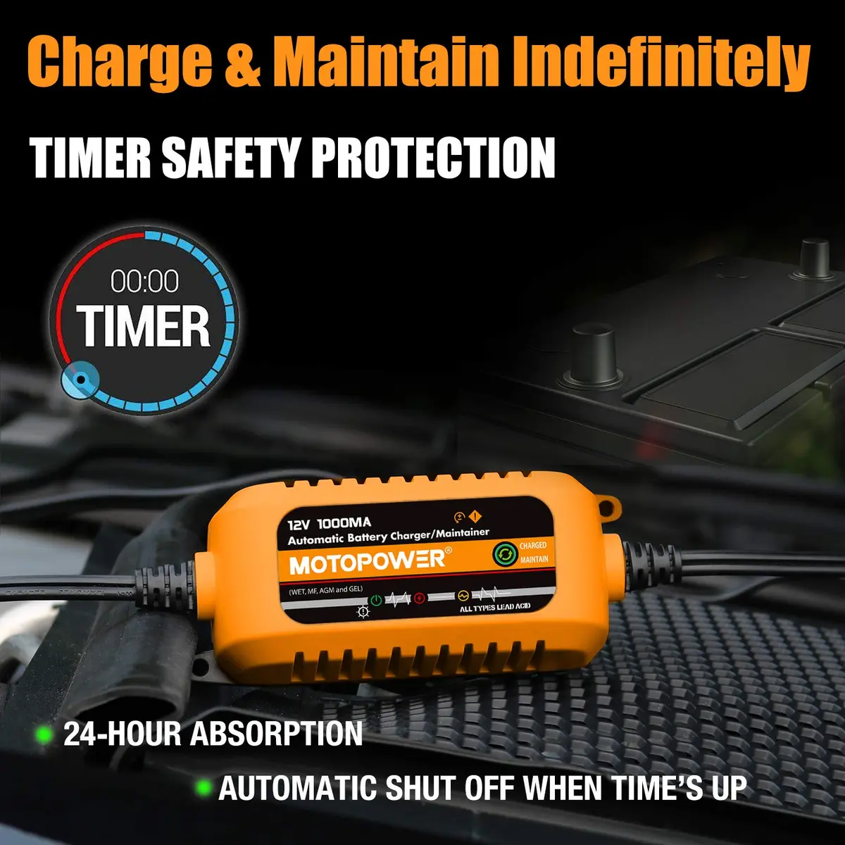 MOTOPOWER 12V 1000mA Automatic Battery Charger & Maintainer | Compact & Durable with Timer Protection - view 4
