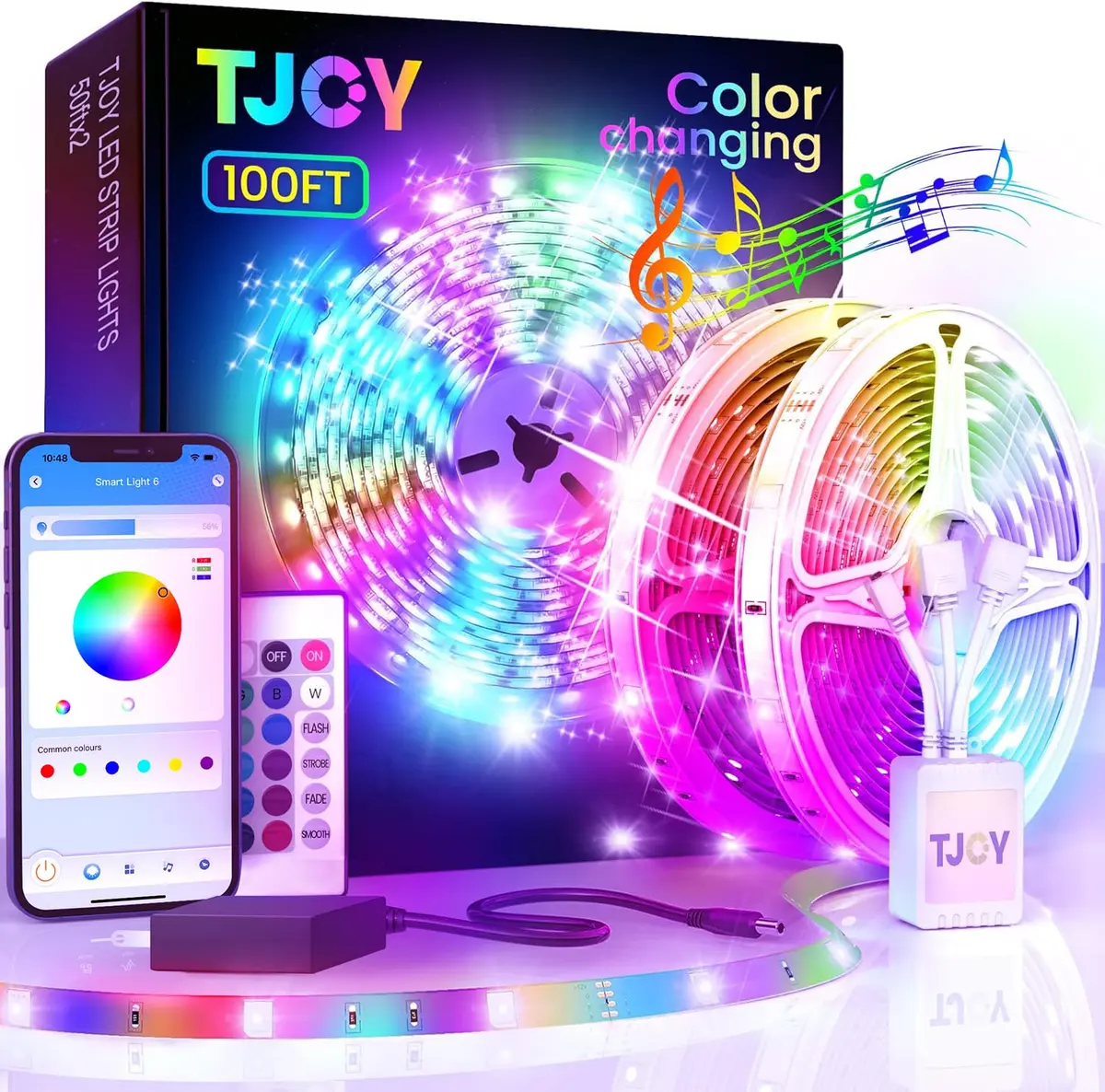 TJOY LED Lights for Bedroom 100ft RGB Color Changing LED Strip Lighting | Music Sync & App Control - main product image