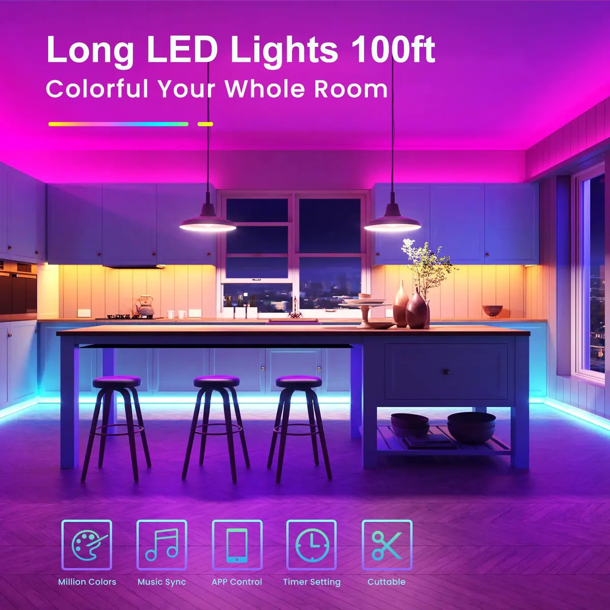 TJOY LED Lights for Bedroom 100ft RGB Color Changing LED Strip Lighting | Music Sync & App Control - view 3