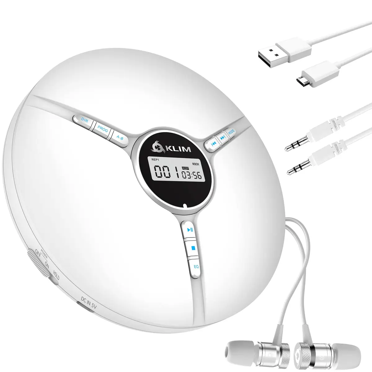 KLIM Discman Portable CD Player with Headphones, Built-in Battery, White | Anti-Skip Protection for Car & Home Use - main product image
