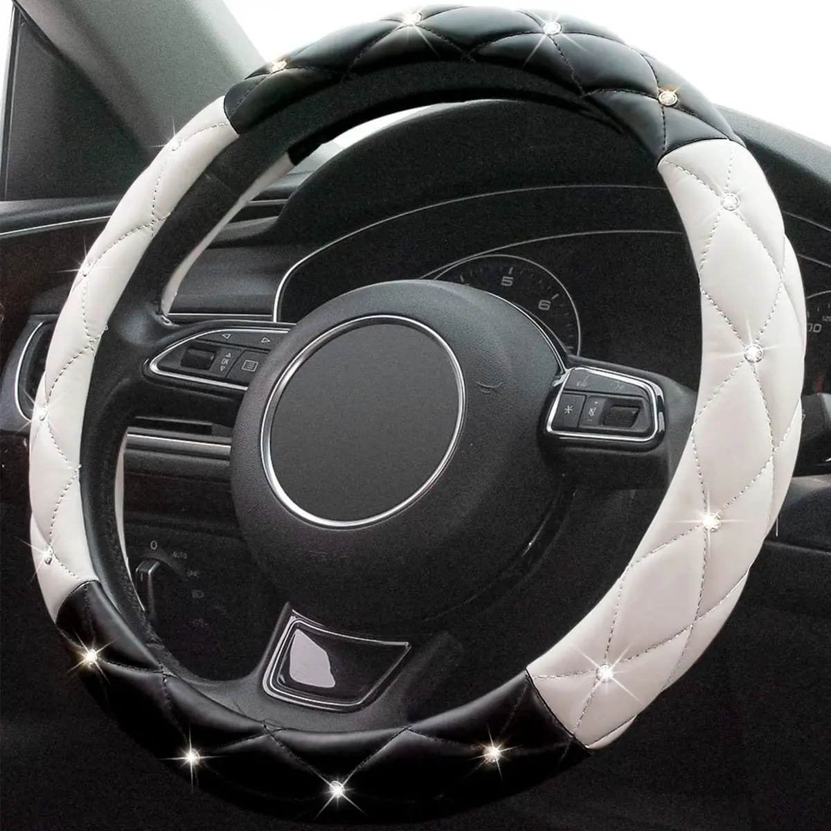 Xizopucy Black White Steering Wheel Cover, Anti-Slip with Rhinestones | Fits 14.5-15 inch - main product image
