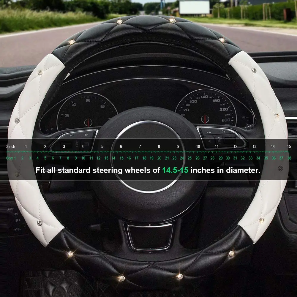 Xizopucy Black White Steering Wheel Cover, Anti-Slip with Rhinestones | Fits 14.5-15 inch - view 5