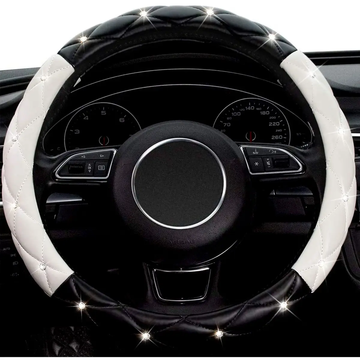 Xizopucy Black White Steering Wheel Cover, Anti-Slip with Rhinestones | Fits 14.5-15 inch - view 2