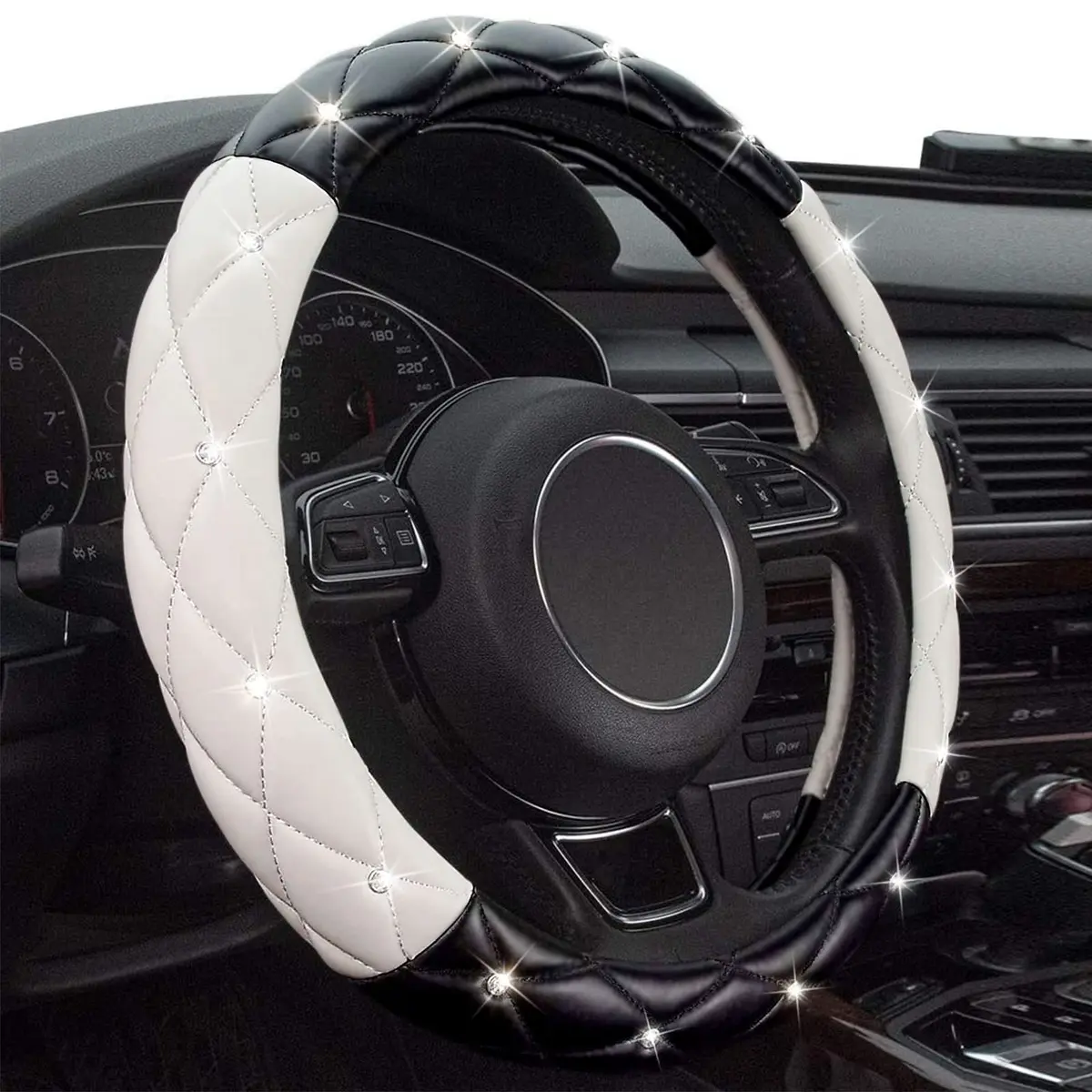 Xizopucy Black White Steering Wheel Cover, Anti-Slip with Rhinestones | Fits 14.5-15 inch - view 3