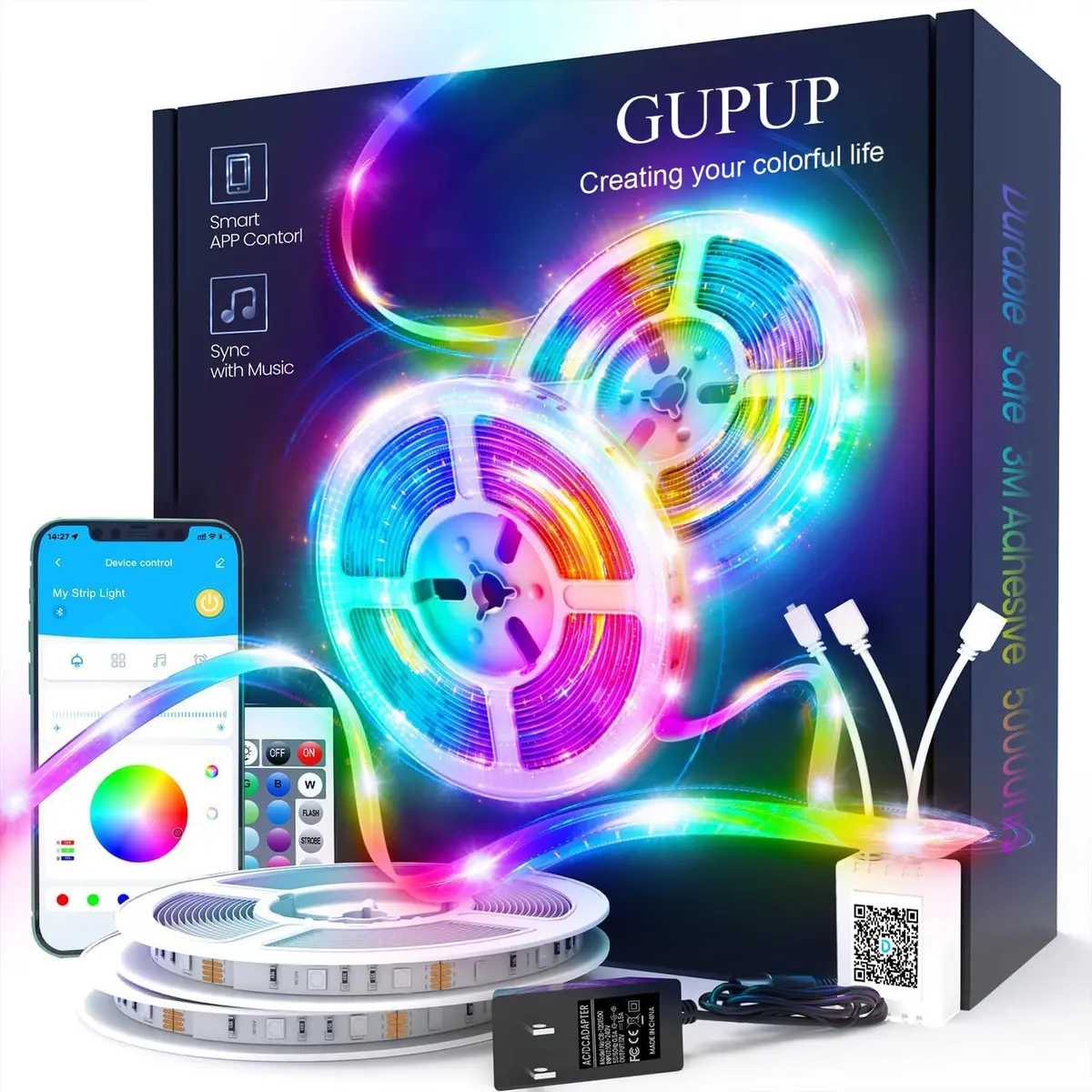 GUPUP LED Lights Strip 100 ft | RGB Rope Light for Bedroom, Bluetooth APP Control, Music Sync, Color Changing, Easy Install - main product image