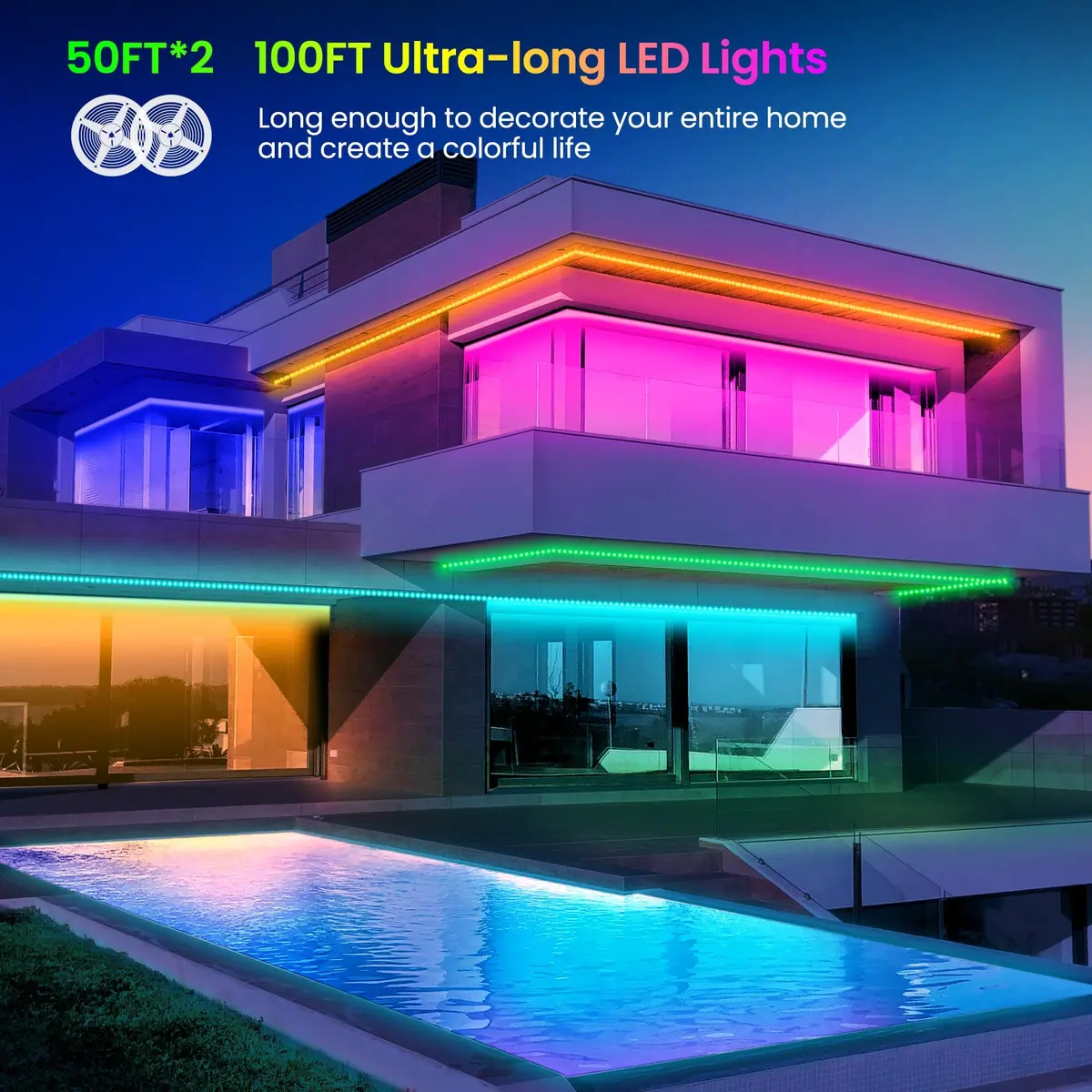 GUPUP LED Lights Strip 100 ft | RGB Rope Light for Bedroom, Bluetooth APP Control, Music Sync, Color Changing, Easy Install - view 6