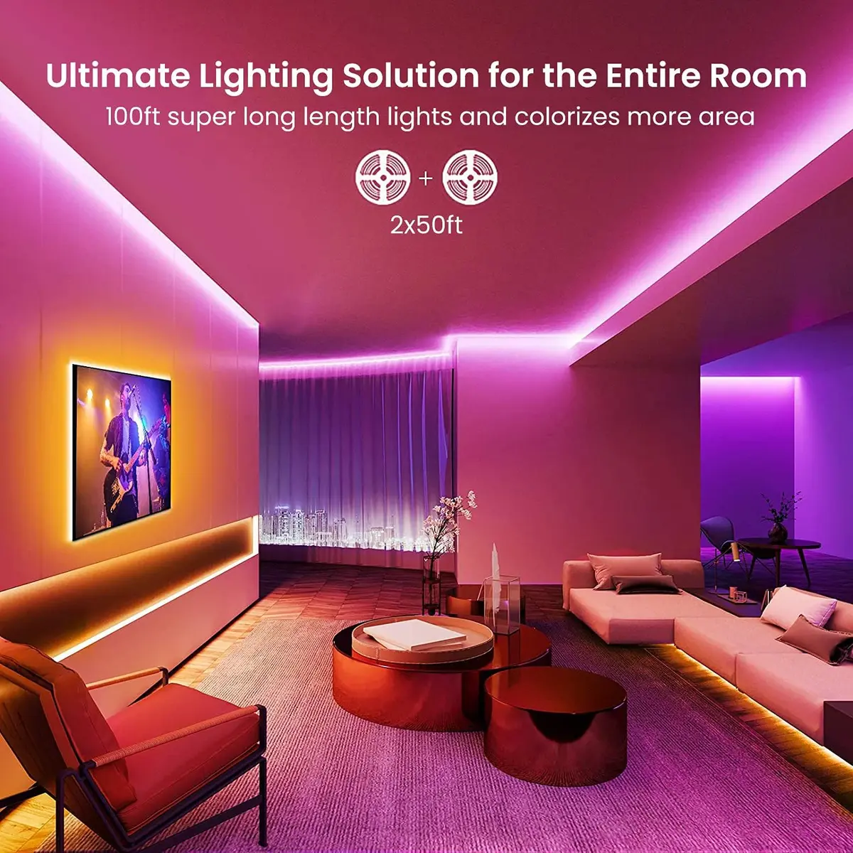 GUPUP LED Lights Strip 100 ft | RGB Rope Light for Bedroom, Bluetooth APP Control, Music Sync, Color Changing, Easy Install - view 3