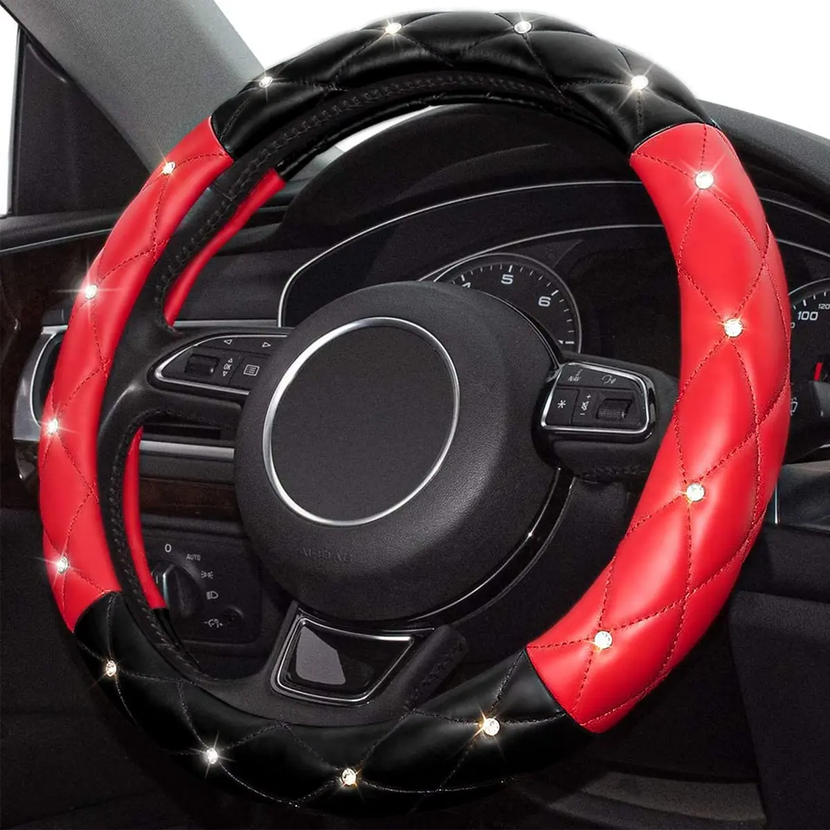 Xizopucy Black Red Steering Wheel Cover | Universal Car Protector with Rhinestones, Anti-Slip, Soft Interior for Women & Girls, 14.5-15 inch - main product image