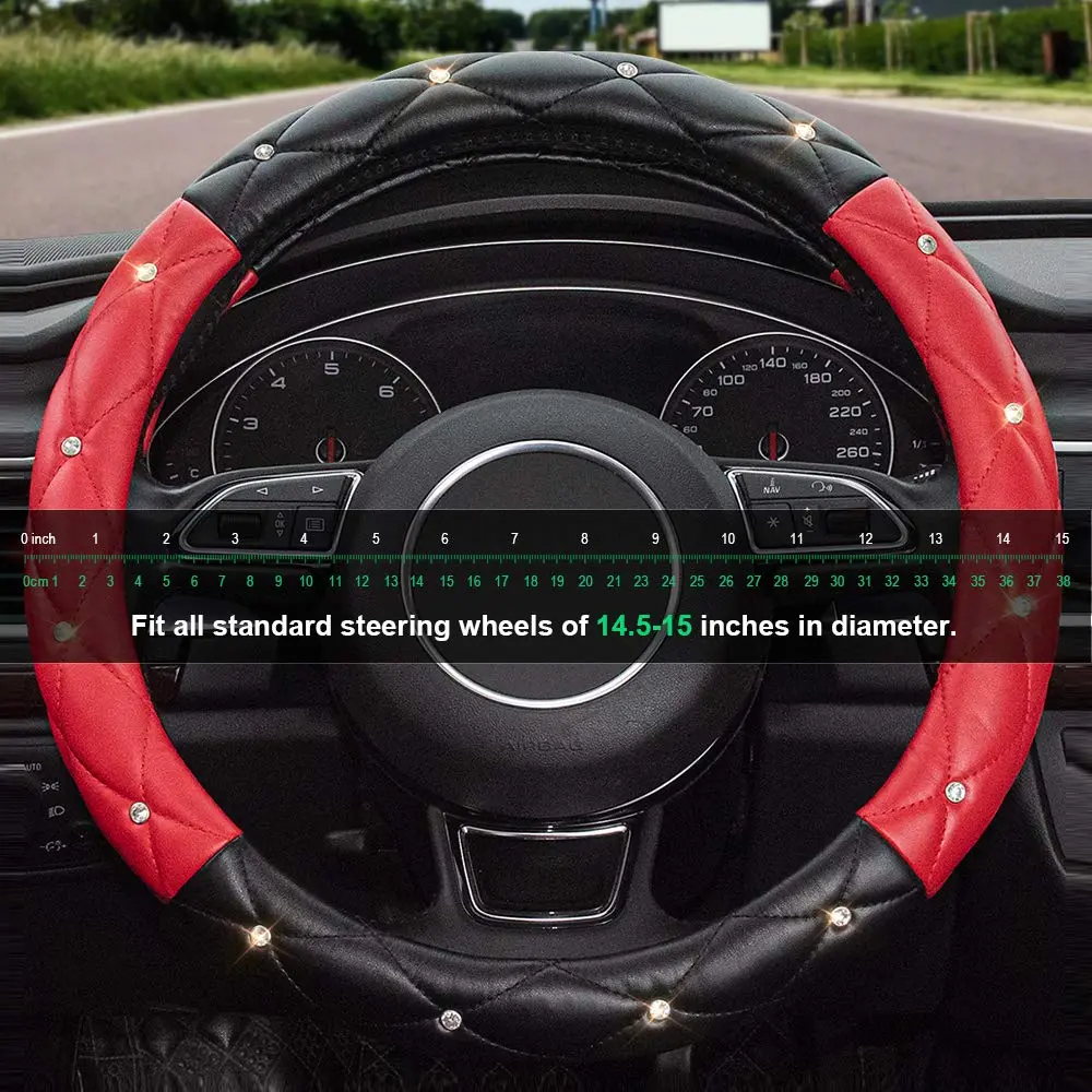 Xizopucy Black Red Steering Wheel Cover | Universal Car Protector with Rhinestones, Anti-Slip, Soft Interior for Women & Girls, 14.5-15 inch - view 5