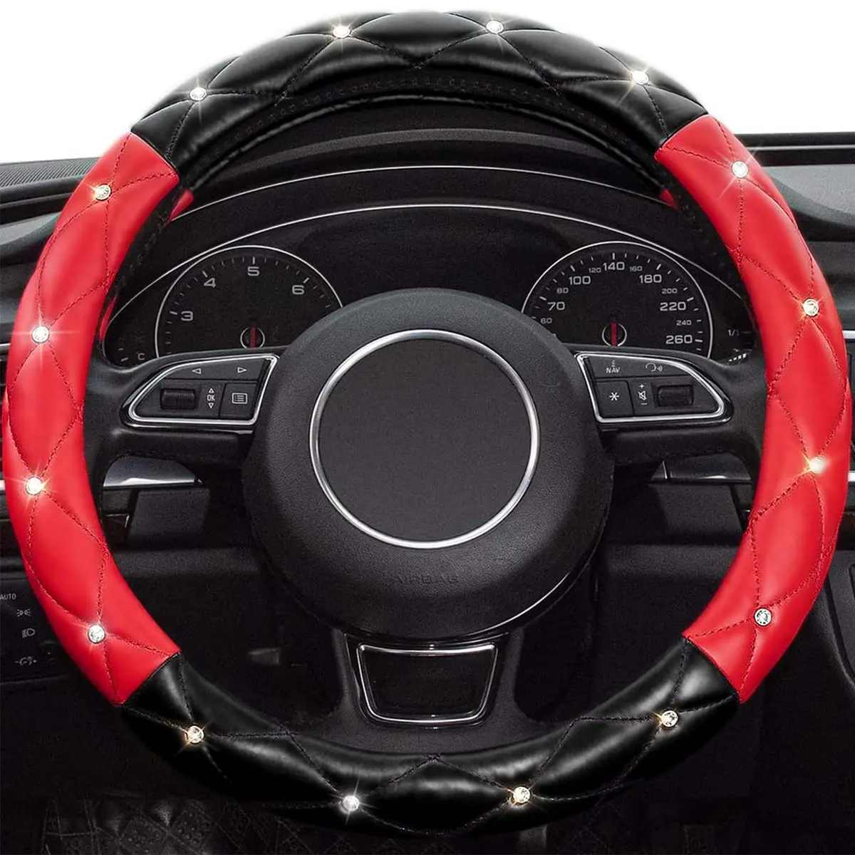 Xizopucy Black Red Steering Wheel Cover | Universal Car Protector with Rhinestones, Anti-Slip, Soft Interior for Women & Girls, 14.5-15 inch - view 2
