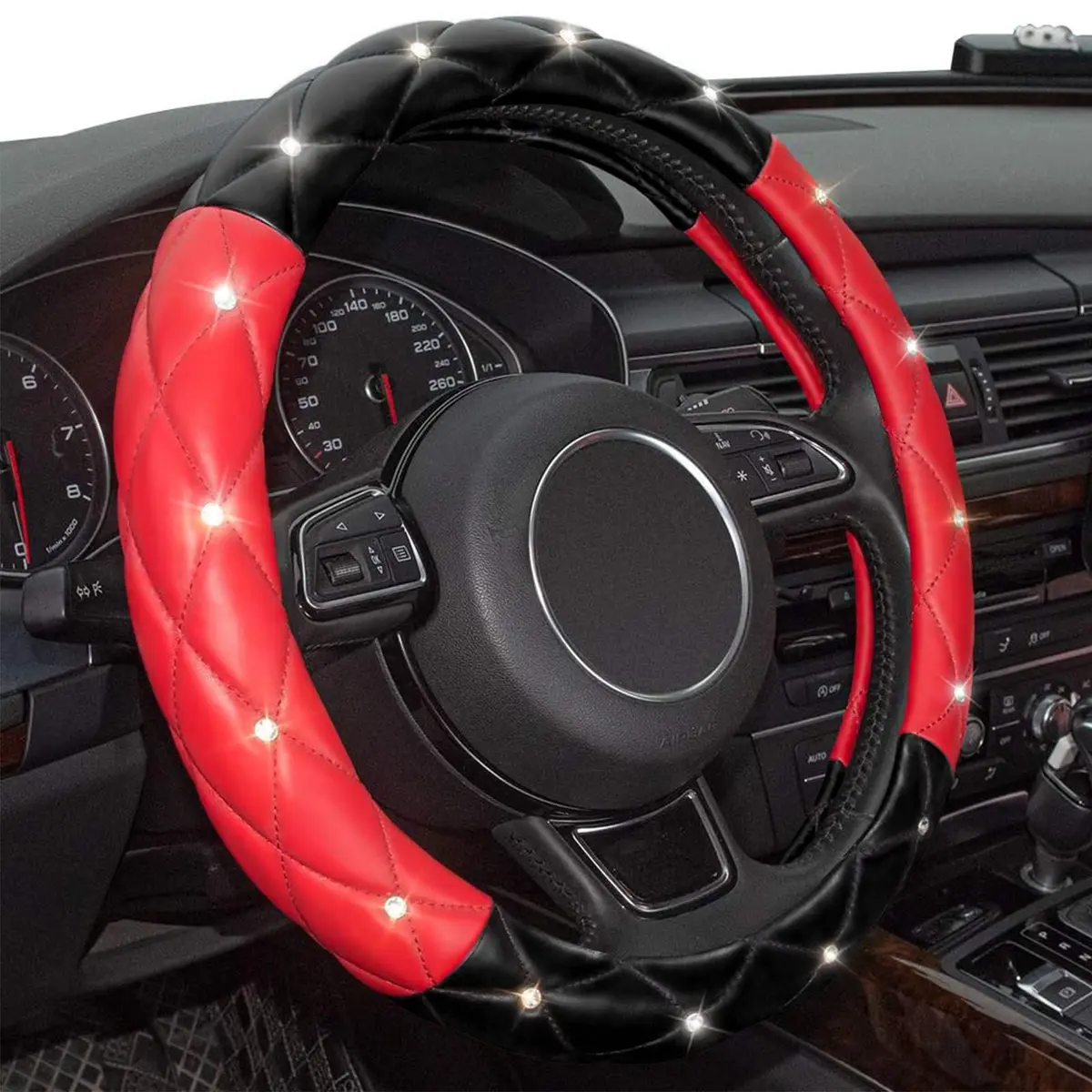 Xizopucy Black Red Steering Wheel Cover | Universal Car Protector with Rhinestones, Anti-Slip, Soft Interior for Women & Girls, 14.5-15 inch - view 3