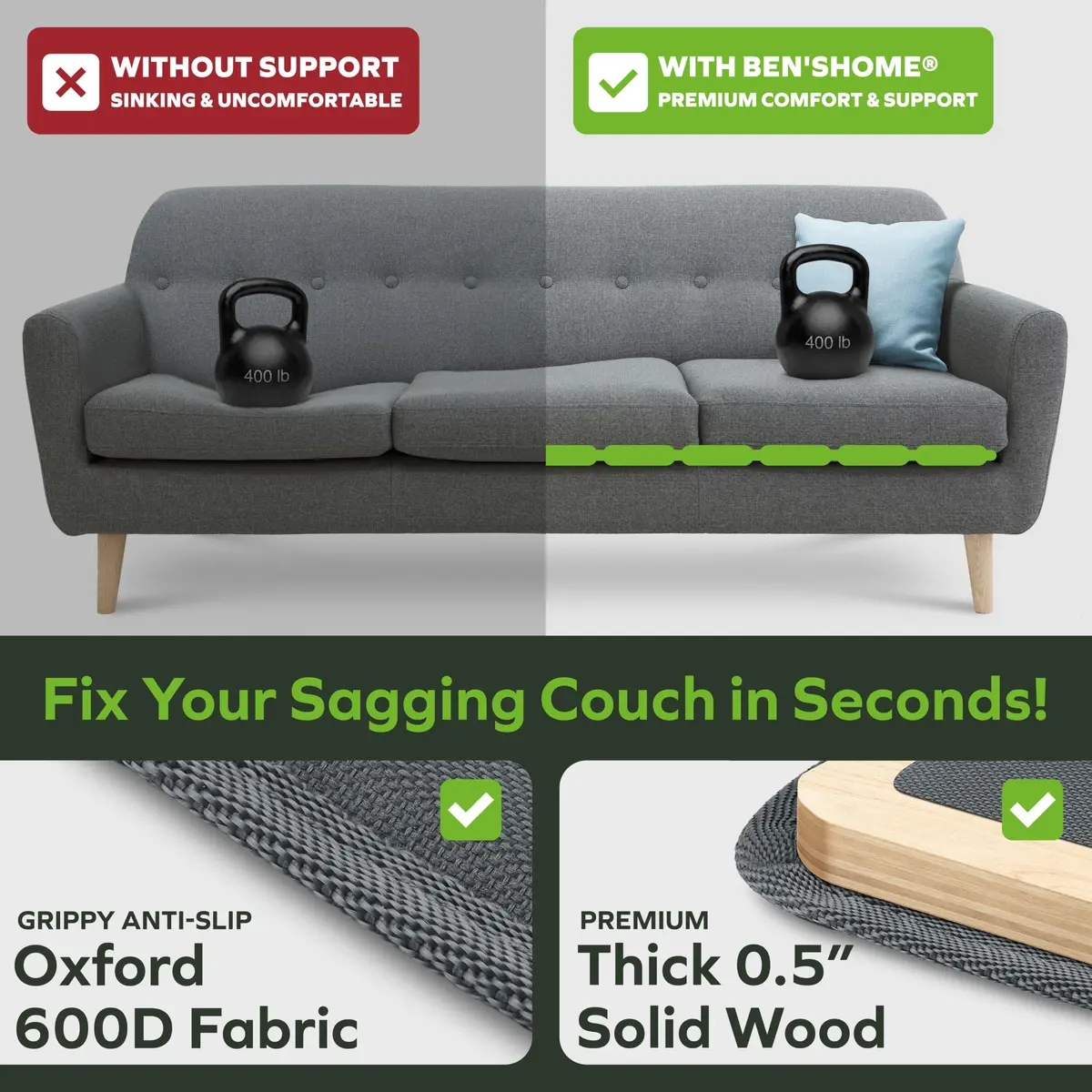 BEN'SHOME Couch Cushion Support Board 170cm (67") x 50cm (19.7") | Sagging Sofa Seat Fixer with 400lb Capacity - view 2