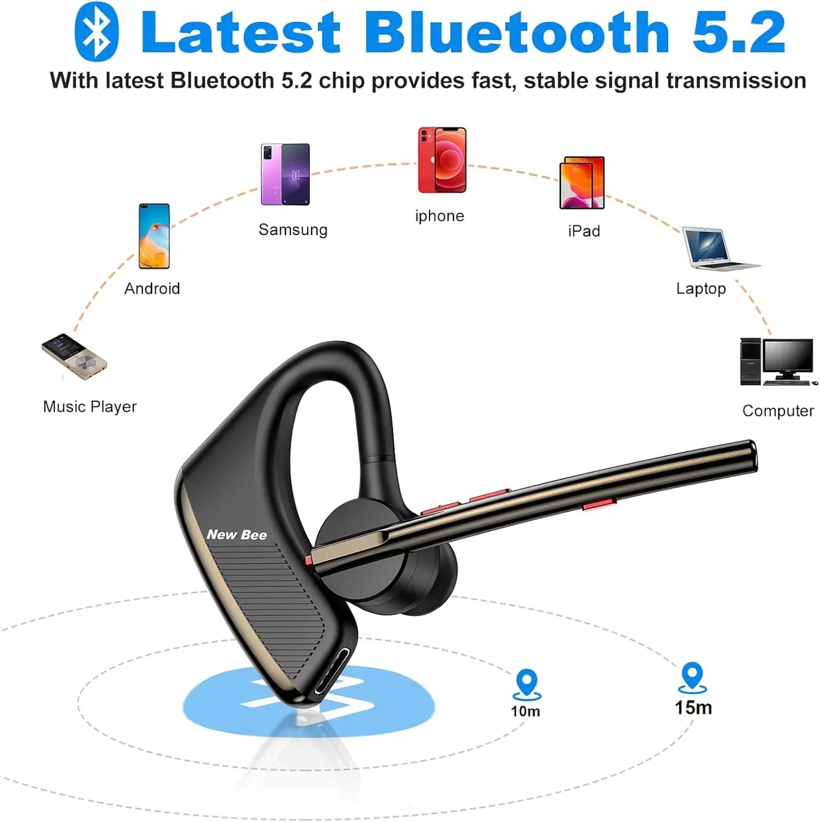 New Bee Bluetooth V5.2 Wireless Headset 24Hrs Talktime Black | Noise Cancelling & Long Battery - view 5