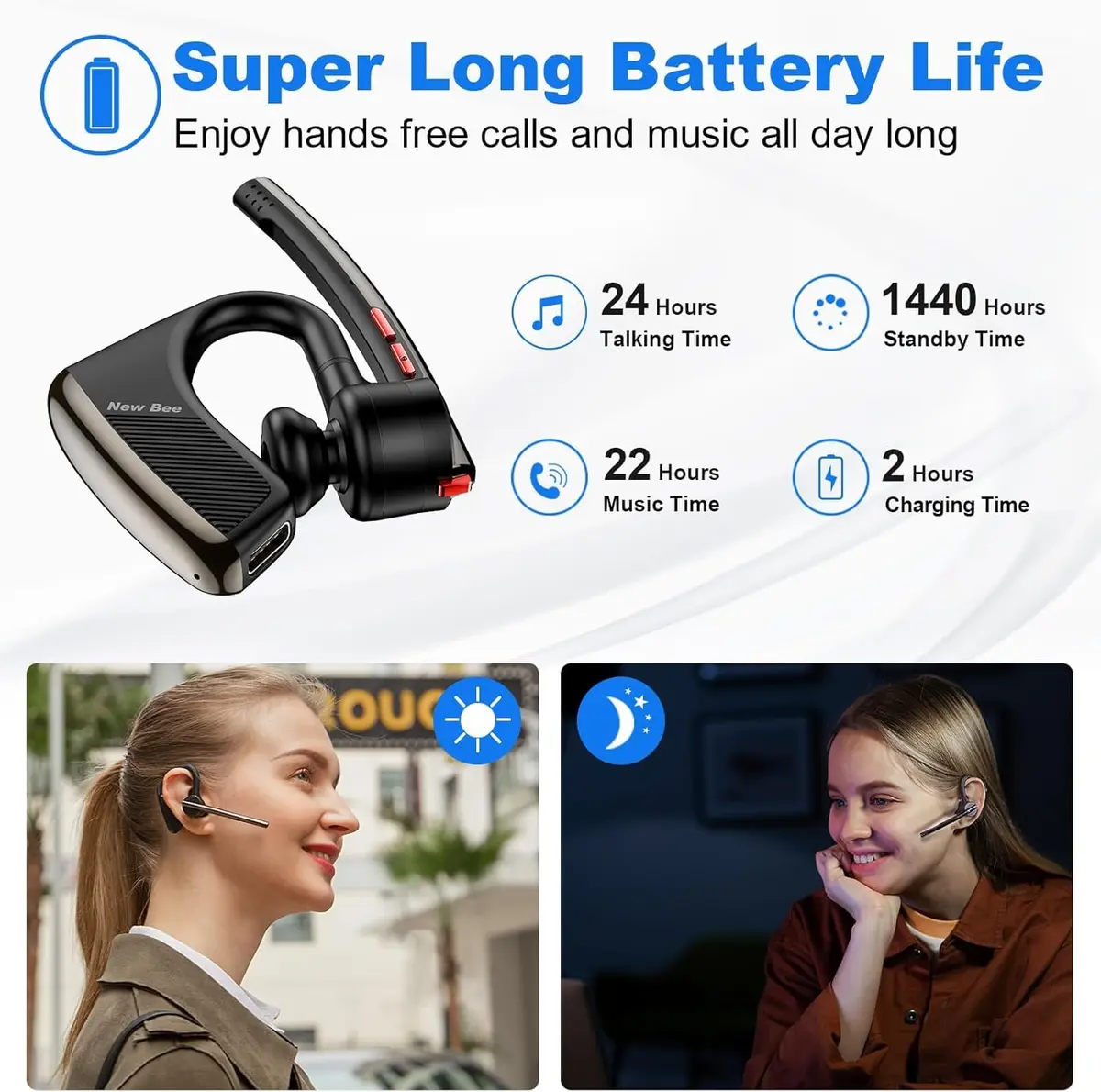 New Bee Bluetooth V5.2 Wireless Headset 24Hrs Talktime Black | Noise Cancelling & Long Battery - view 3