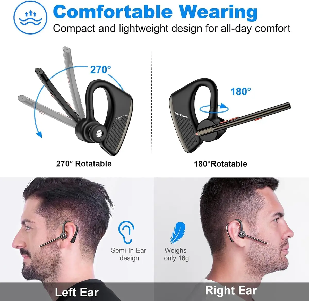 New Bee Bluetooth V5.2 Wireless Headset 24Hrs Talktime Black | Noise Cancelling & Long Battery - view 4