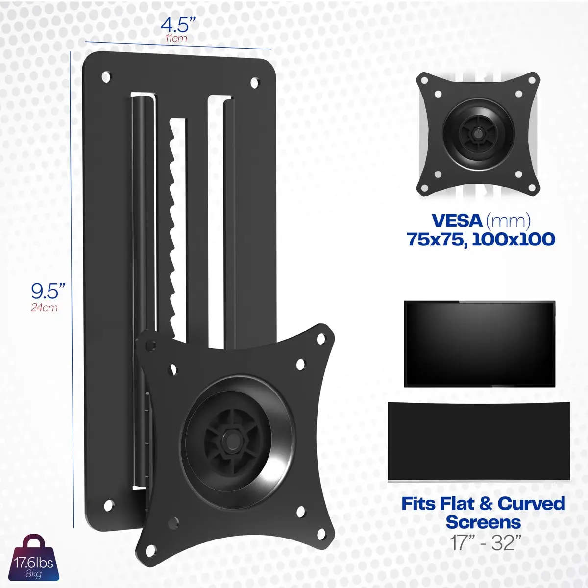 VIVO MOUNT-VW01A Black Single Monitor Wall Mount 17-32 inch | Ergonomic Height Adjustment - view 3