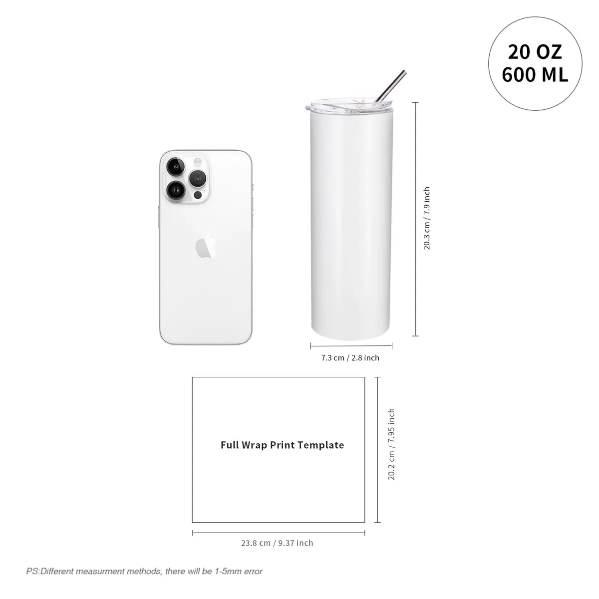 PYD Life 4 Pack Sublimation Blanks Tumblers Straight Skinny 20 OZ | Bright Full Wrap Print Ready - view 2