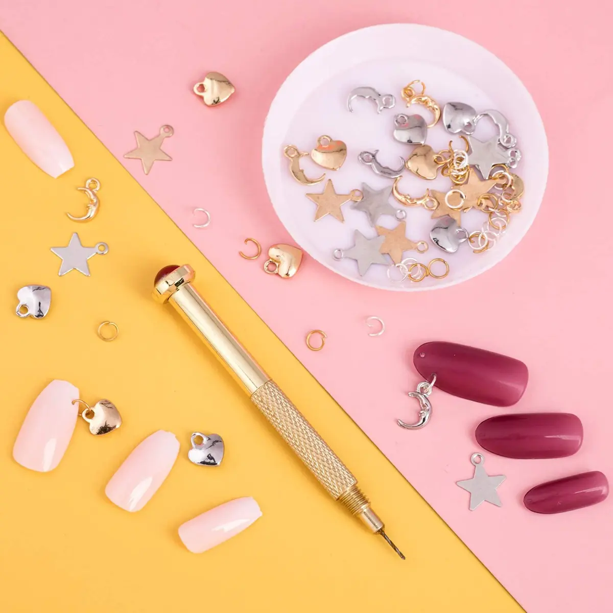 PAGOW 71PCS Dangle Nail Art Charms Kit with Hand Drill & Jump Rings | Nail Piercing Tool for Acrylic, Gel & Decorations - view 6
