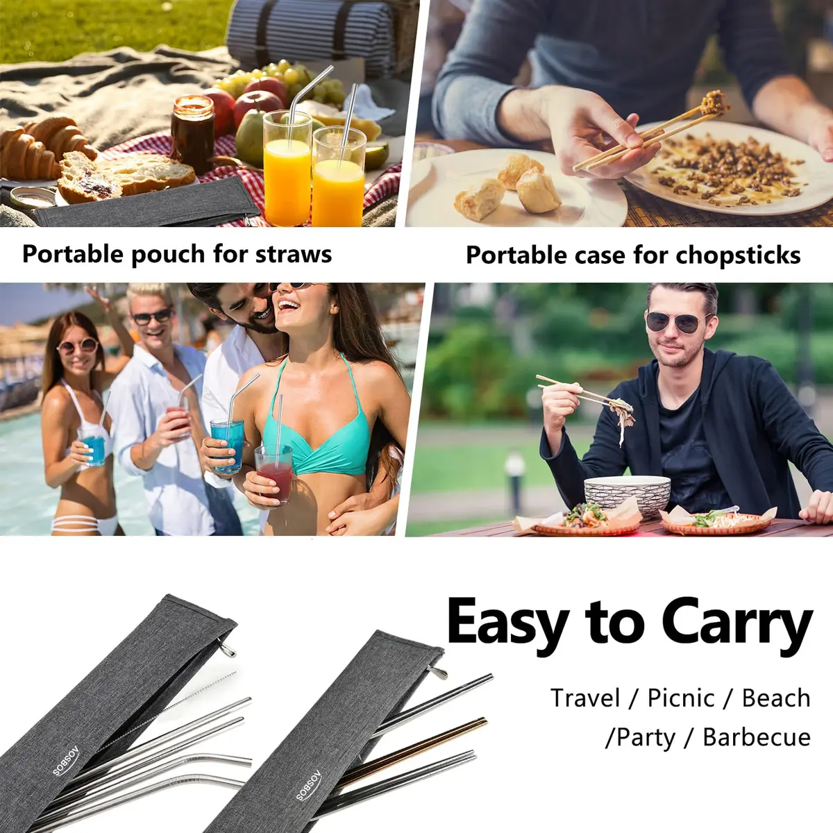 Aosbos Chopsticks Carrying Case Reusable Pouch | Portable Flatware Bag for Travel & Home - view 6